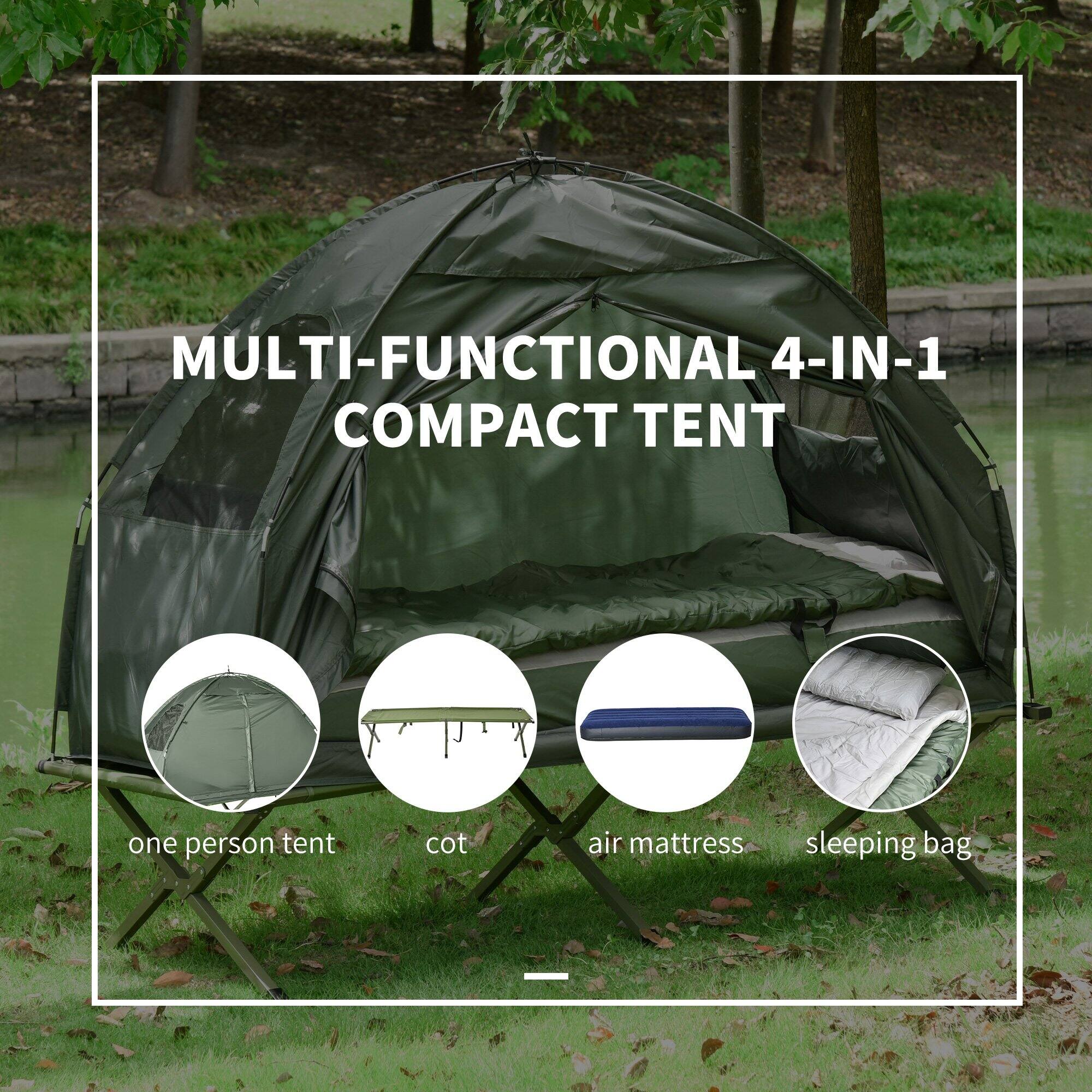 MULTI-FUNCTIONAL 4-IN-1 COMPACT TENT

- one person tent
- cot
- air mattress
- sleeping bag