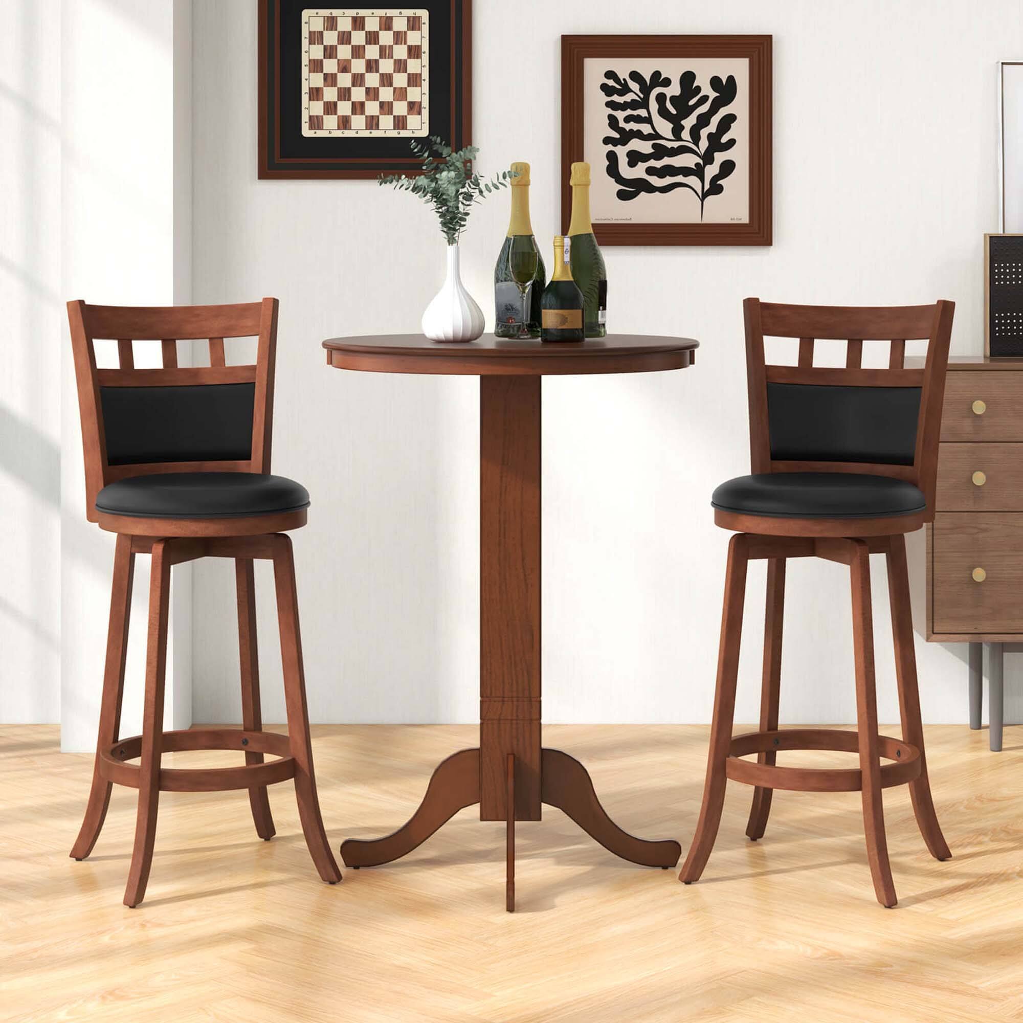 Alt View 1. Costway - Costway 3 PCS Wood Bar Dining Set Table with Pedestal Base & 2 Upholstered Swivel Stools - Brown.