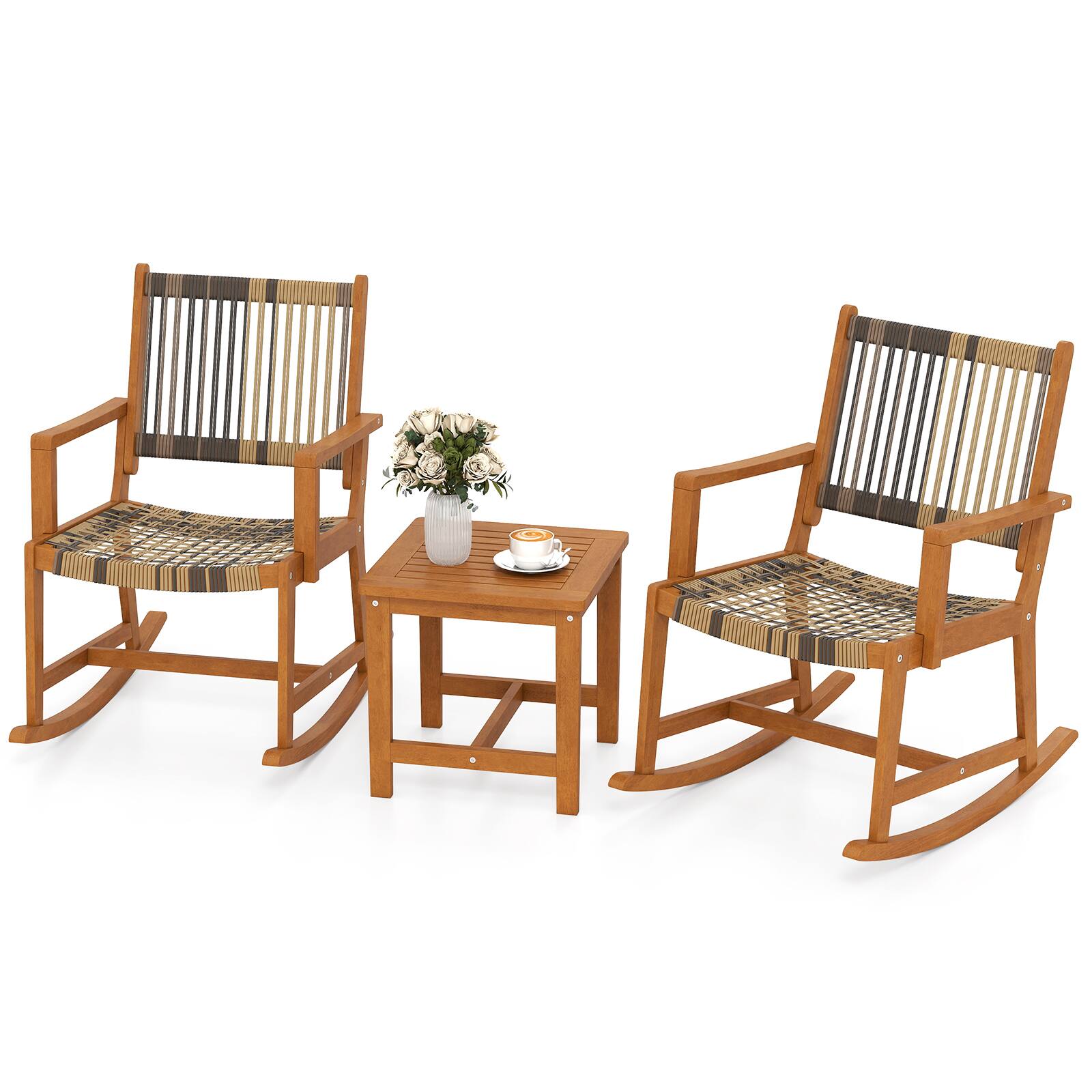 Alt View 8. Gymax - Gymax 3 Pieces Rocking Bistro Set PE Rattan Front Porch Chairs w/ Coffee Table - Mix Brown, Gray.