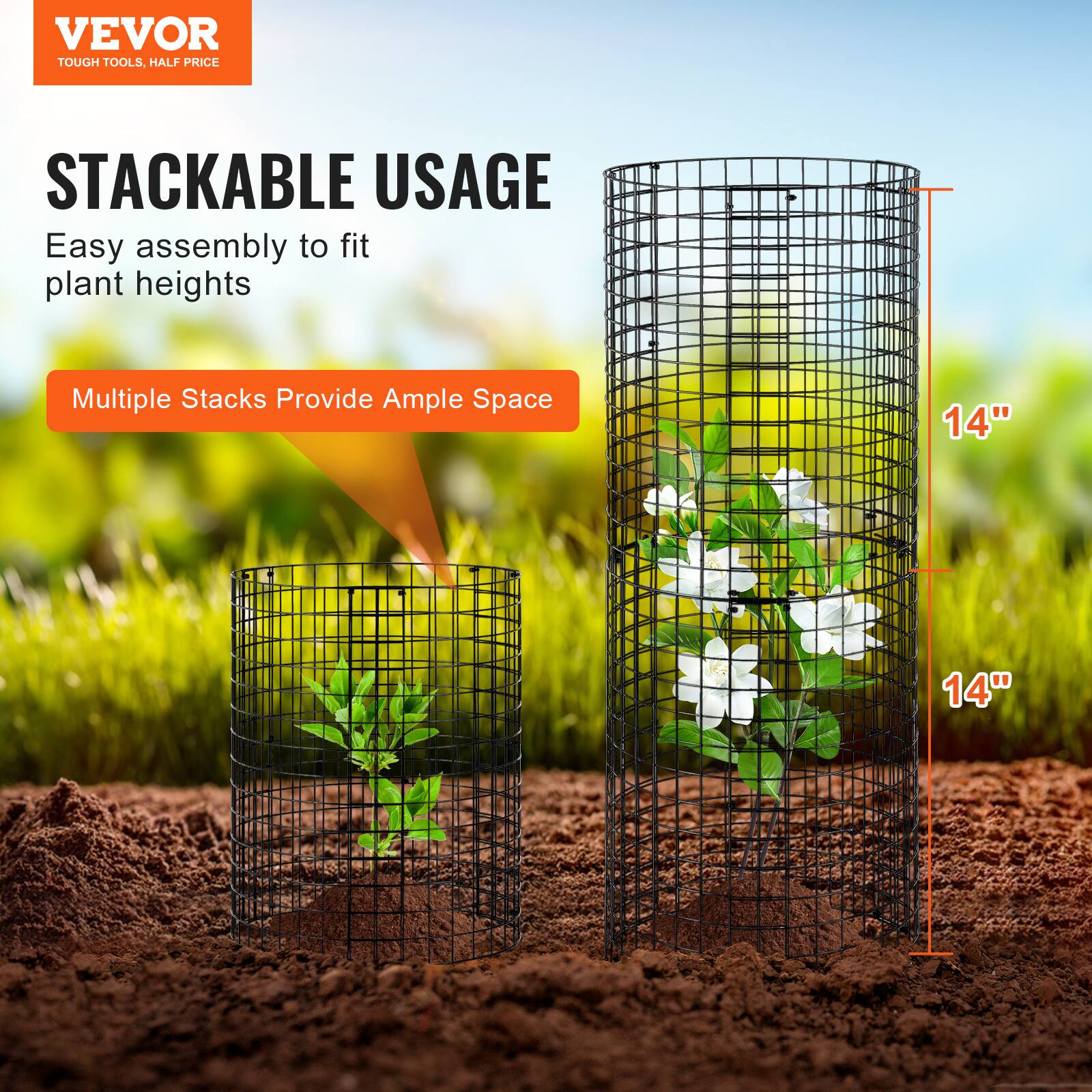 VEVOR TOUGH TOOLS, HALF PRICE
STACKABLE USAGE
Easy assembly to fit plant heights
Multiple Stacks Provide Ample Space
14" 14"