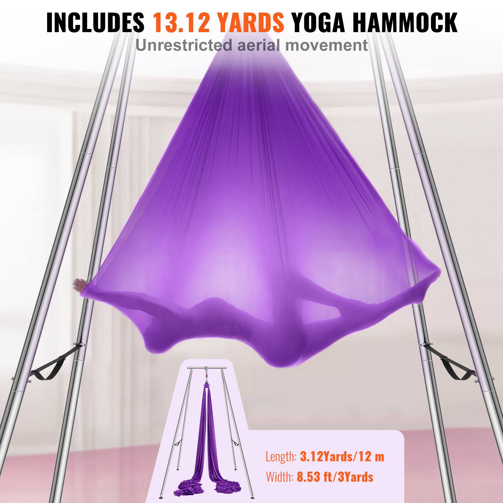 INCLUDES 13.12 YARDS YOGA HAMMOCK  
Unrestricted aerial movement  

Length: 3.12 Yards/12 m  
Width: 8.53 ft/3 Yards