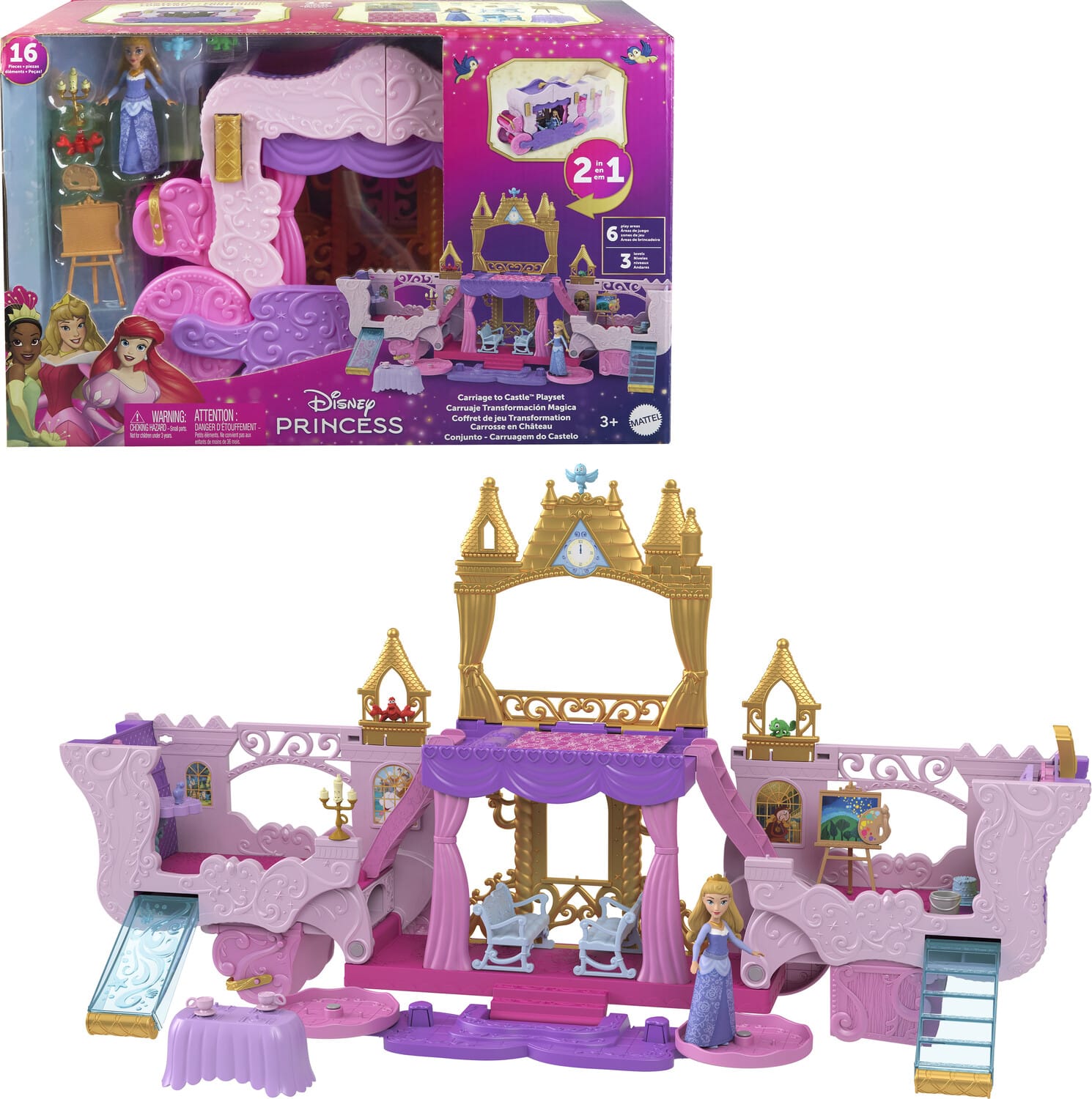 Mattel - Disney Princess Carriage to Castle Transforming Playset with Aurora Small Doll - COLLECTABLES - Multicolor