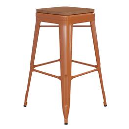 Emma + Oliver - Kam Backless Metal Indoor-Outdoor Stool with All-Weather Polystyrene Seat - Teak Seat/Orange Frame