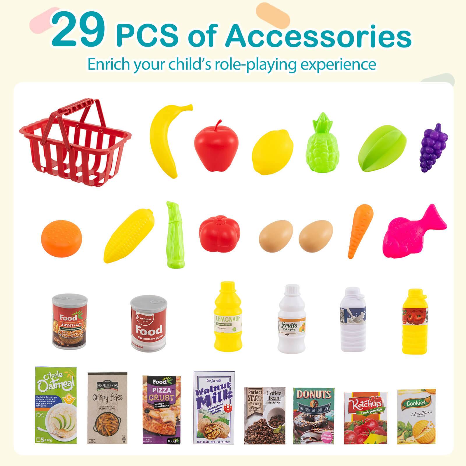 29 PCS of Accessories  
Enrich your child's role-playing experience  

- Food Sweetcorn  
- Food Saharny m  
- LEMONADE  
- Fruits  
  - Apple  
  - Oatmeal  
  - Crispy fries  
  - PIZZA  
  - Walnut Per Coffee CRUST  
  - Milk  
  - DONUTS  
  - Retchup  
  - Cookies  
  - Chen Tam  
  - Am fond