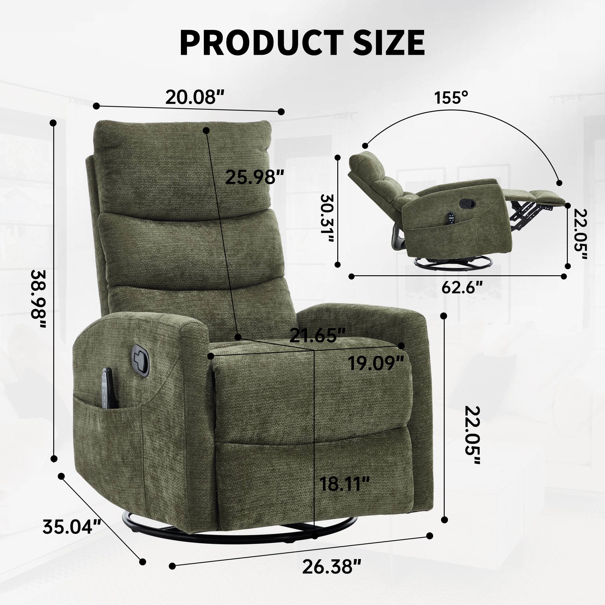 PRODUCT SIZE

- Width: 38.98"
- Height: 30.31"
- Depth: 21.65"
- Seat Height: 19.09"
- Armrest Height: 22.05"
- Back Height: 25.98"
- Seat Depth: 18.11"
- Overall Height: 35.04"
- Overall Width: 62.6"
- Overall Depth: 26.38"
- Recline Angle: 155°