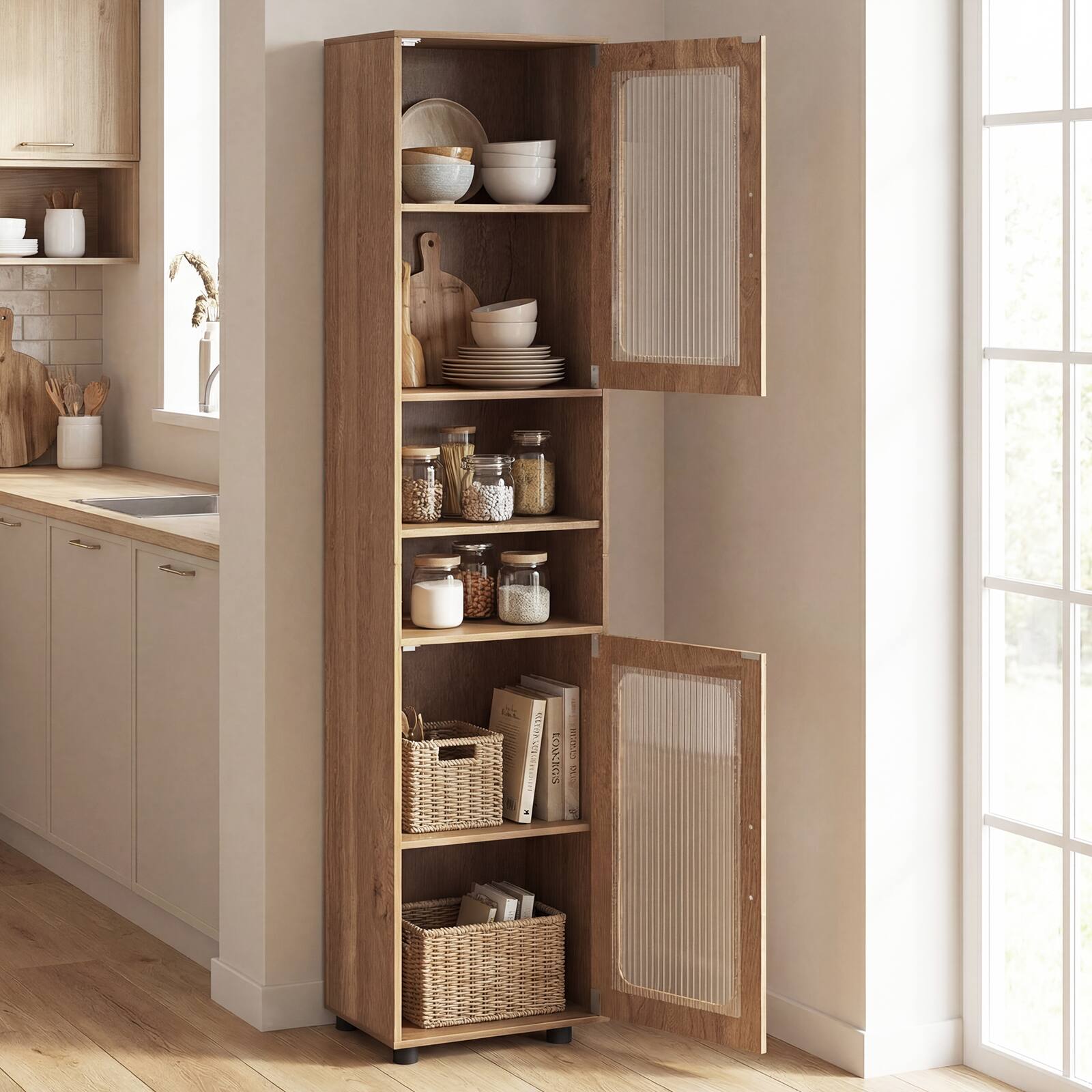 Alt View 3. Costway - Costway Bathroom Cabinet, Slim Floor Storage Cabinet with 2 Fluted Doors,4 Rubber Feet - Natural.