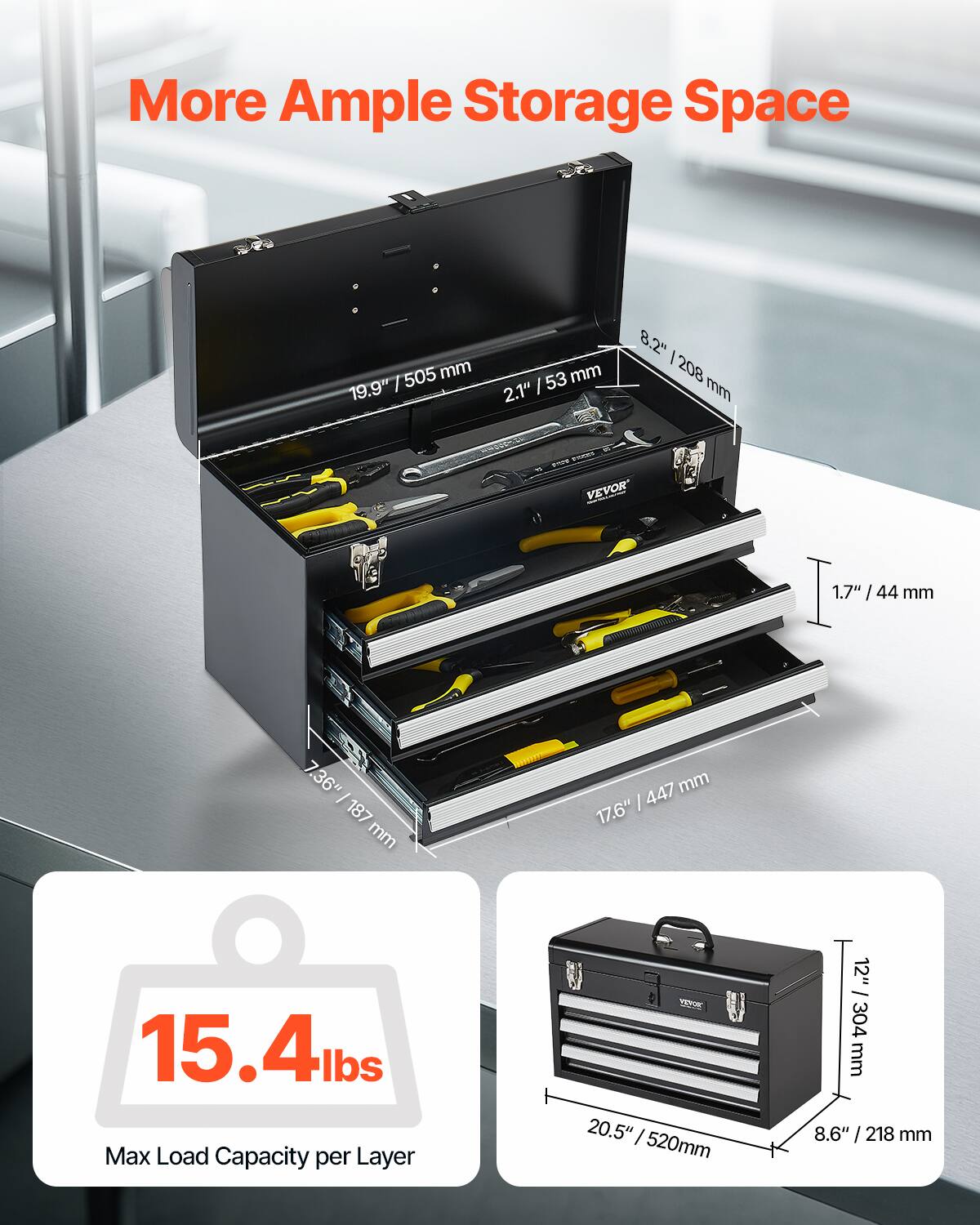 More Ample Storage Space

- 19.9" / 505 mm
- 2.1" / 53 mm
- 8.2" / 208 mm
- 1.7" / 44 mm
- 7.36" / 187 mm
- 17.6" / 447 mm

Max Load Capacity per Layer: 15.4 lbs

- 20.5" / 520 mm
- 12" / 304 mm
- 8.6" / 218 mm