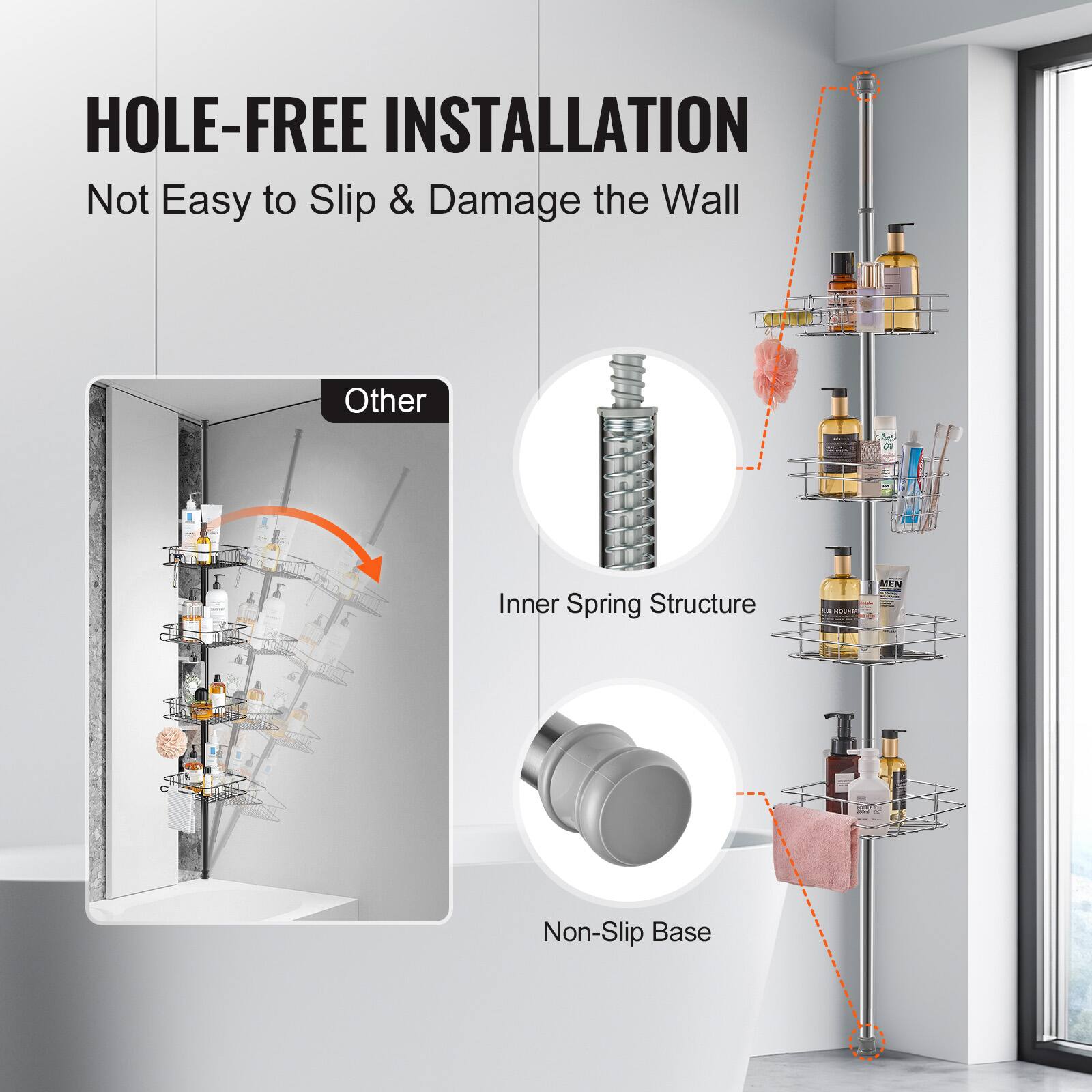 HOLE-FREE INSTALLATION  
Not Easy to Slip & Damage the Wall  

Other  
Inner Spring Structure  
Non-Slip Base