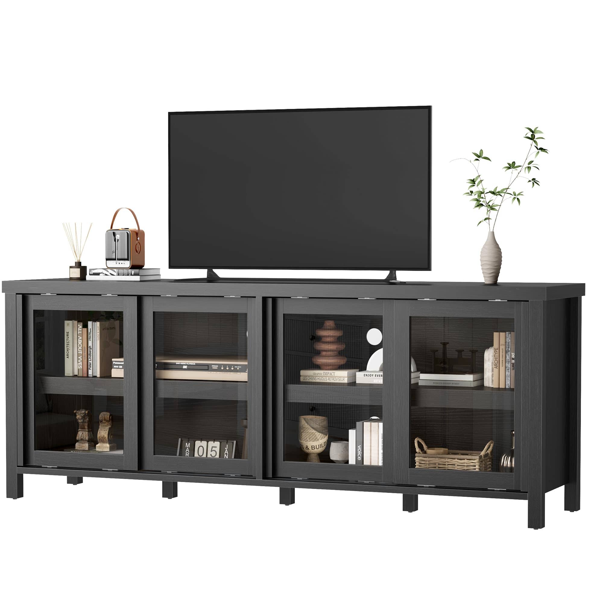 Jojoka - 62" TV Stand for 65 Inch TV, Sliding Glass Doors, Mid-Century Modern Entertainment Center with Storage - Black