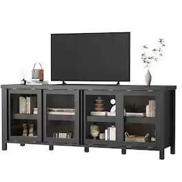 GAOMON - 62" TV Stand for 65" TV, Sliding Glass Doors, Mid-Century Modern Entertainment Center with Storage - Black