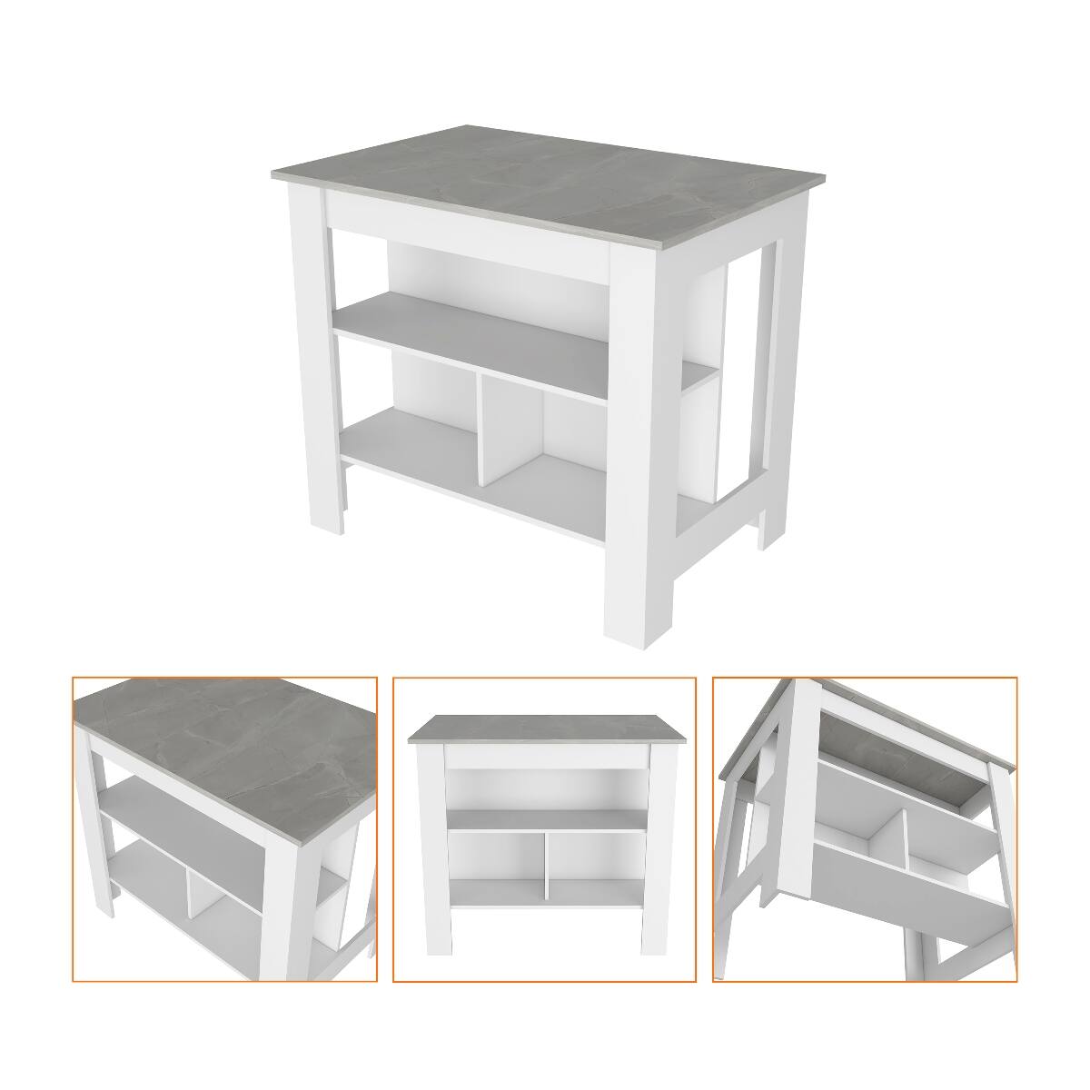 Back. Loheer - Loheer White Marble Finish Kitchen Island with Three Storage Shelves - Multicolor.