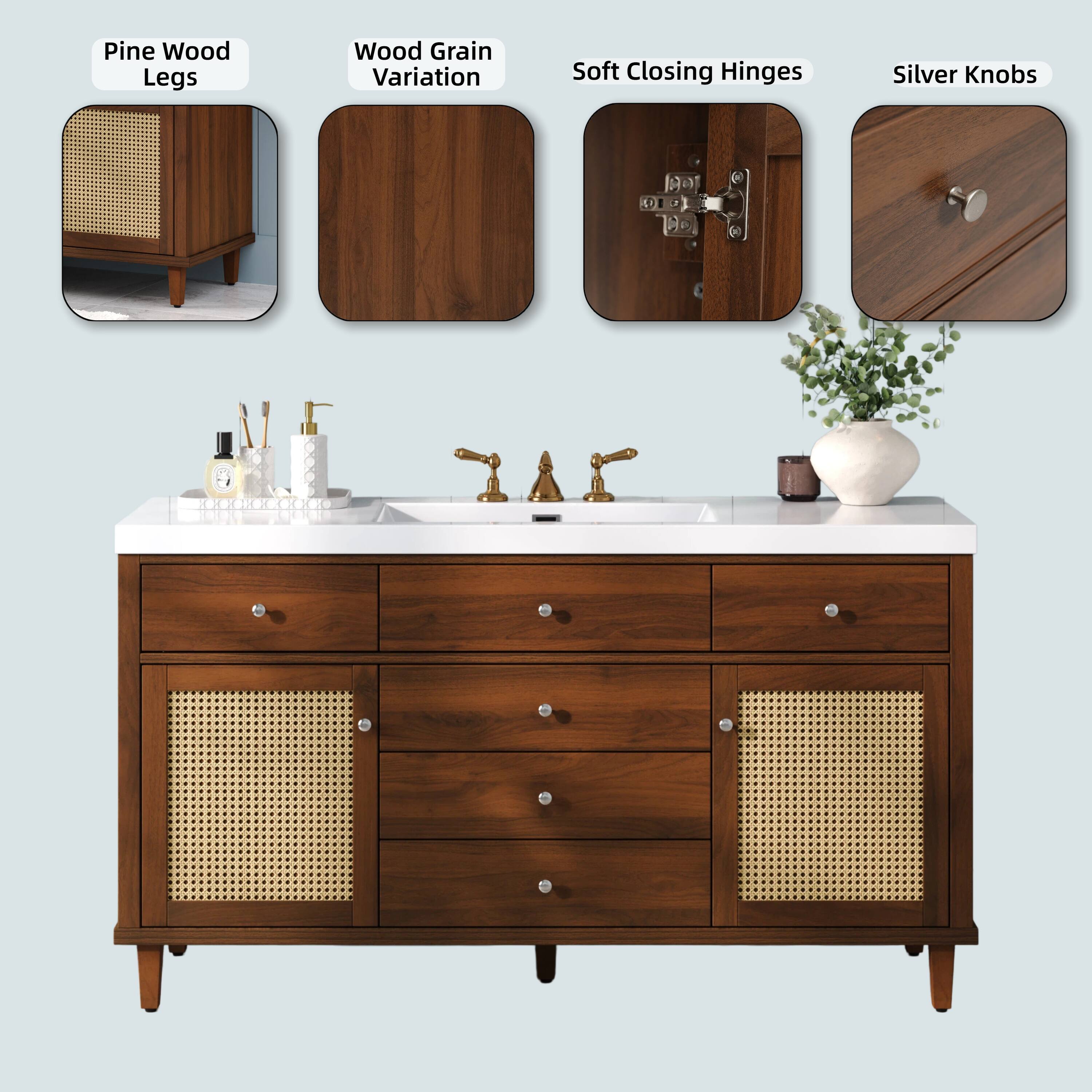 Pine Wood Legs  
Wood Grain Variation  
Soft Closing Hinges  
Silver Knobs