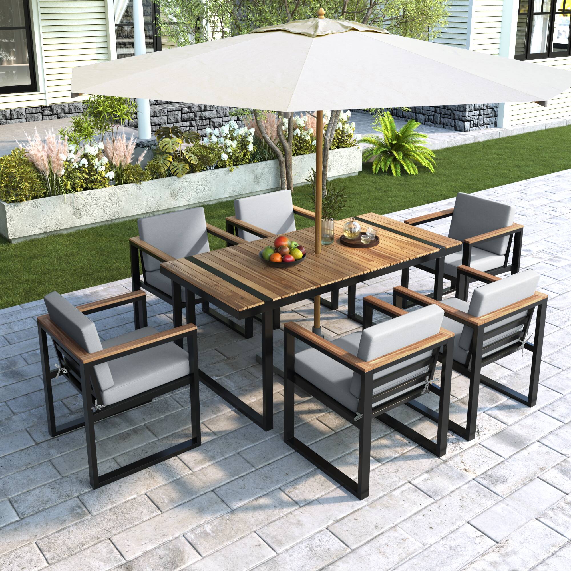 Left. Mondawe - 7 Pieces Outdoor Dining Set with Removable Cushions - Grey.