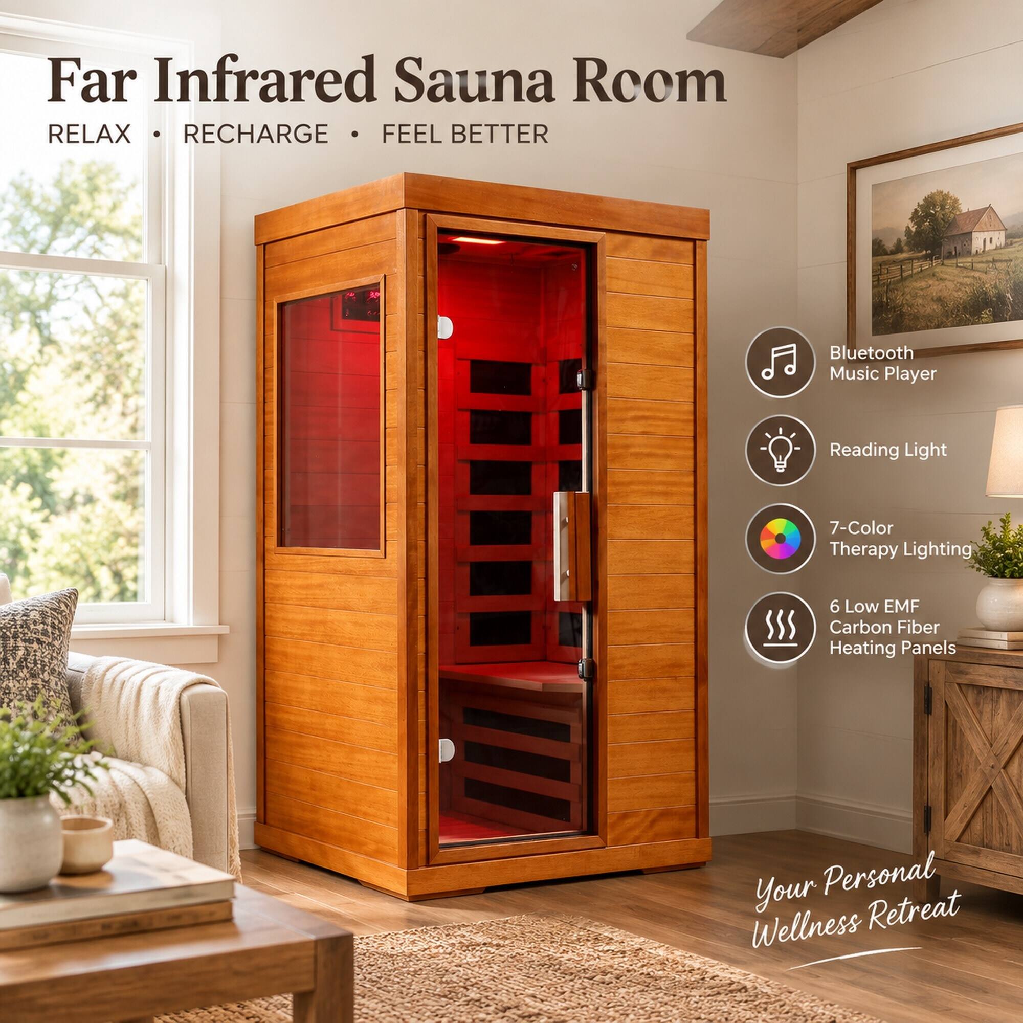 Far Infrared Sauna Room  
RELAX • RECHARGE • FEEL BETTER

Bluetooth Music Player  
Reading Light  
7-Color Therapy Lighting  
6 Low EMF Carbon Fiber Heating Panels  
Your Personal Wellness Retreat
