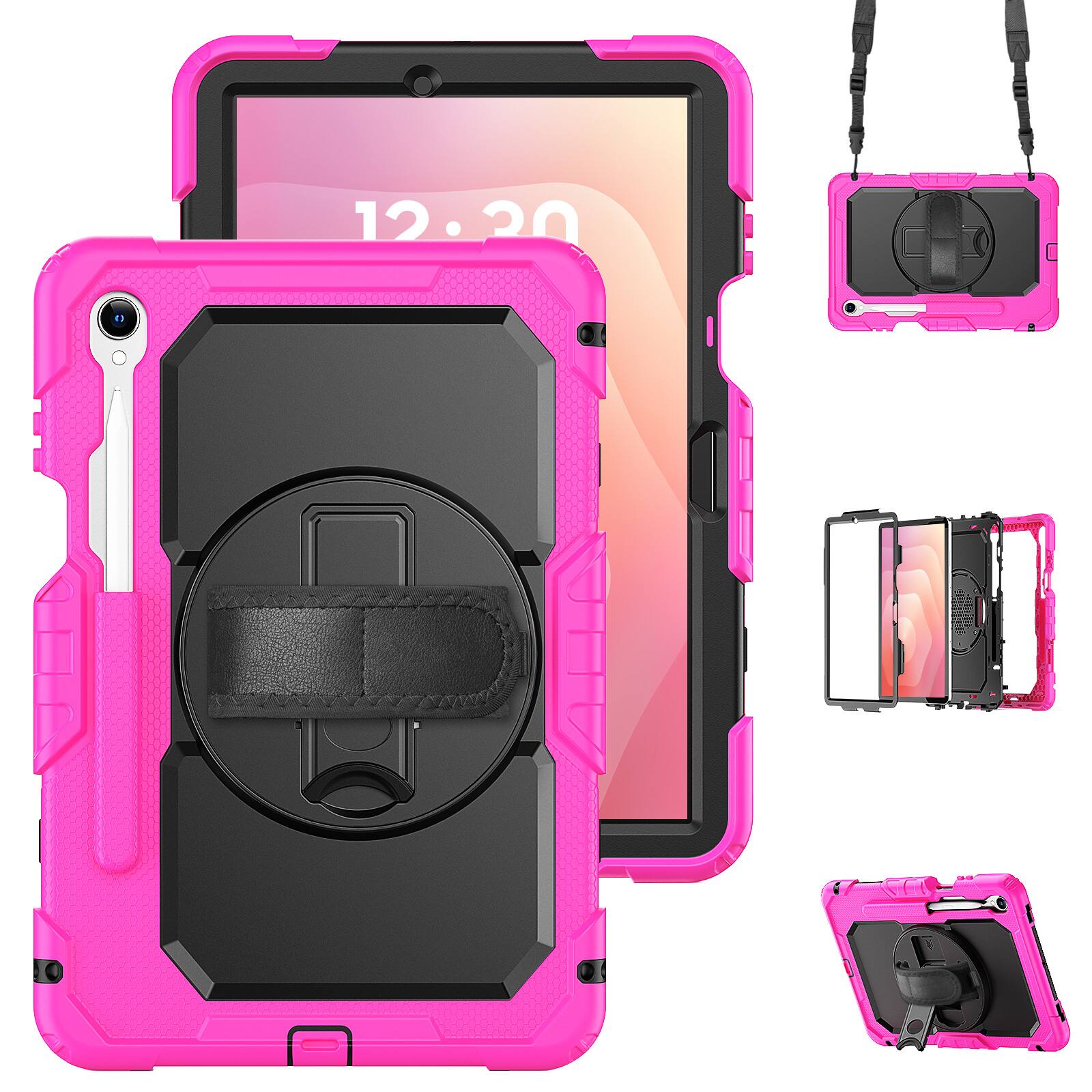 Angle. Dteck - For Samsung Galaxy Tab S11 2025 Shockproof Three-Layer Stand Shoulder Strap Case Built-in Screen Protector - Rose.