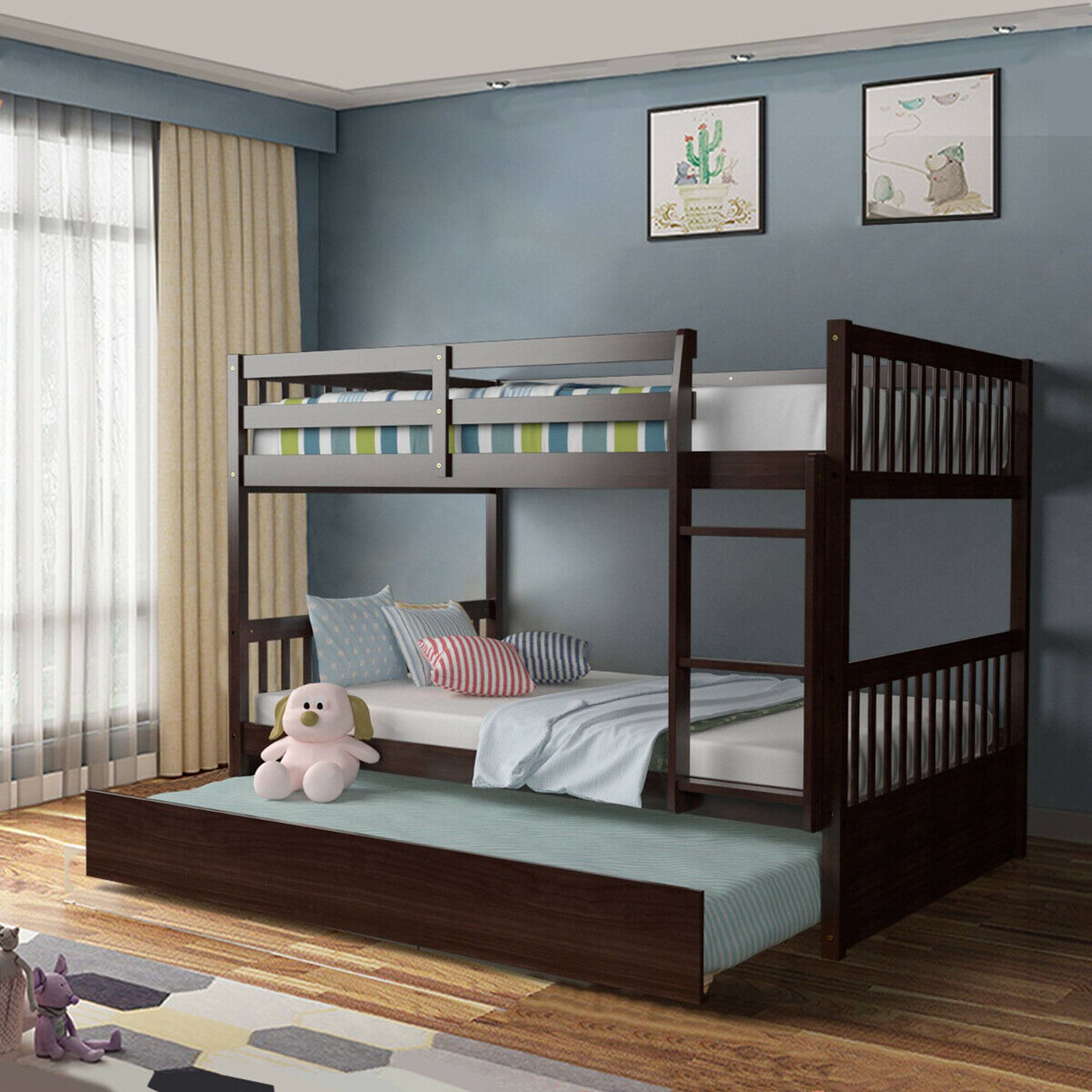 Alt View 1. Costway - Costway Full over Full Bunk Bed Platform Wood Bed w/ Trundle & Ladder Rail - Brown.