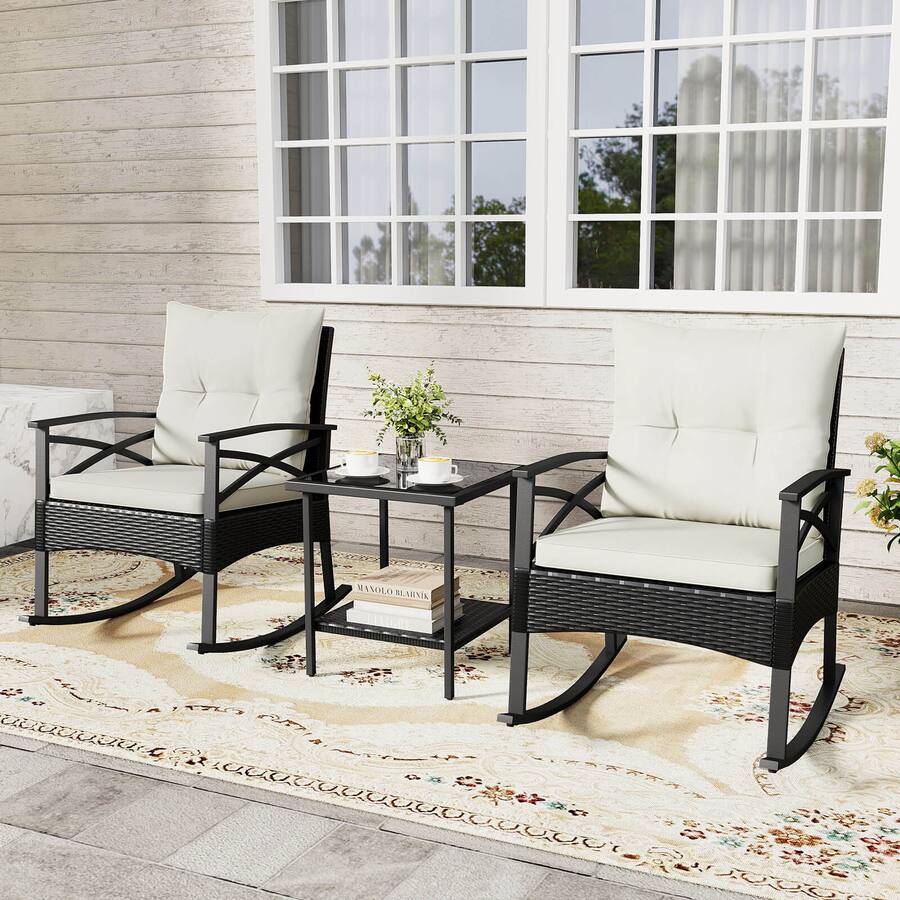 Costway 3 Piece Rattan Rocking Bistro Set with Tempered Glass Tabletop ...