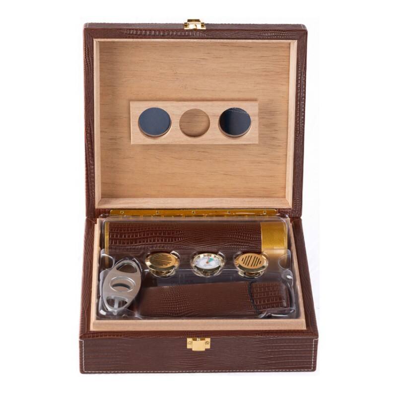 Angle. Prestige - THE GatorBack Brown Cigar Humidor Gift Set - Brown Gator Skin Design Leather.