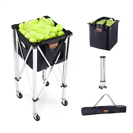 VEVOR - Foldable Tennis Ball Hopper, Holds 180 Tennis Balls, Lightweight Aluminum Alloy Tennis Ball Basket Cart with Wheels - Black/Silver