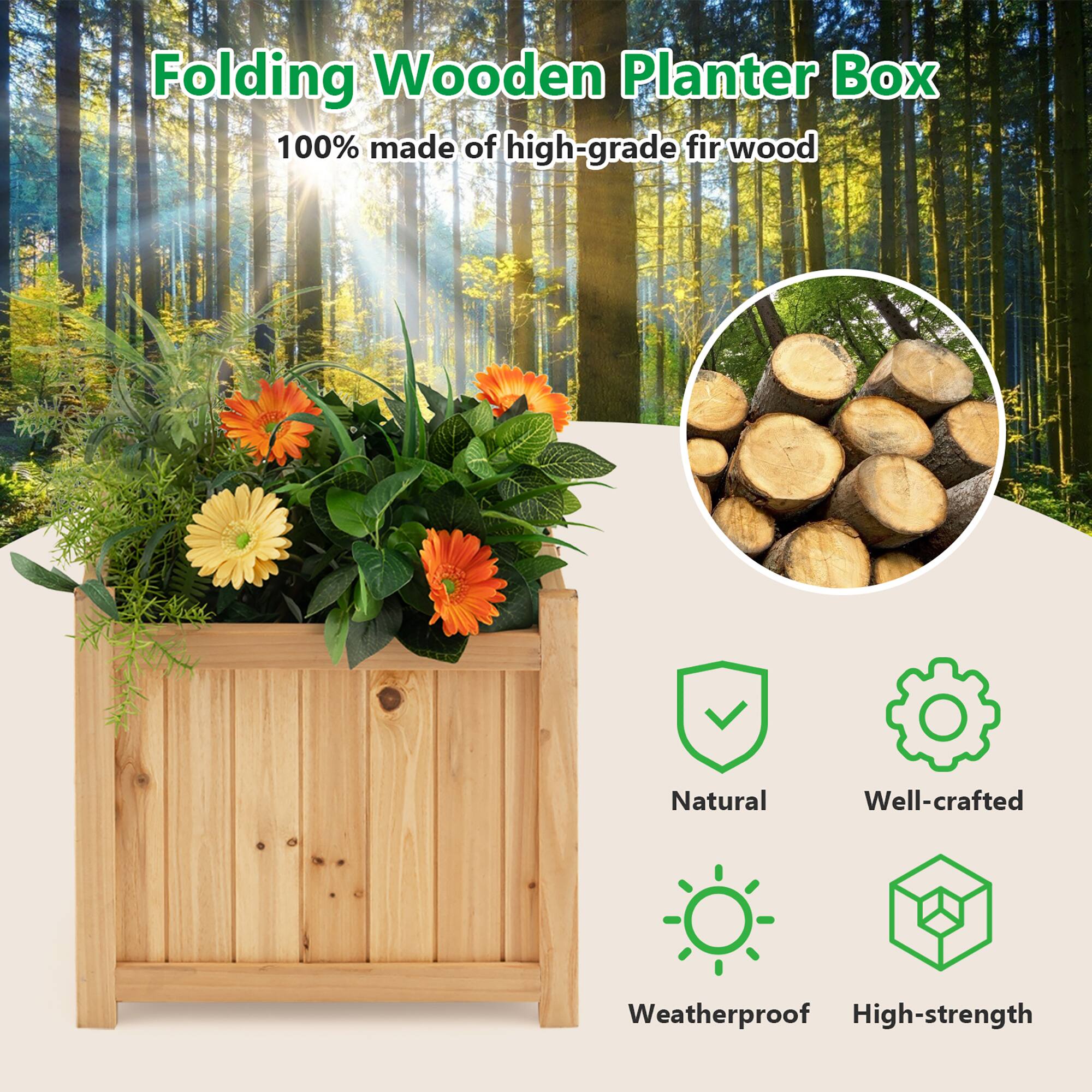 Folding Wooden Planter Box: 100% made of high-grade fir wood, natural, well-crafted, weatherproof, high-strength.
