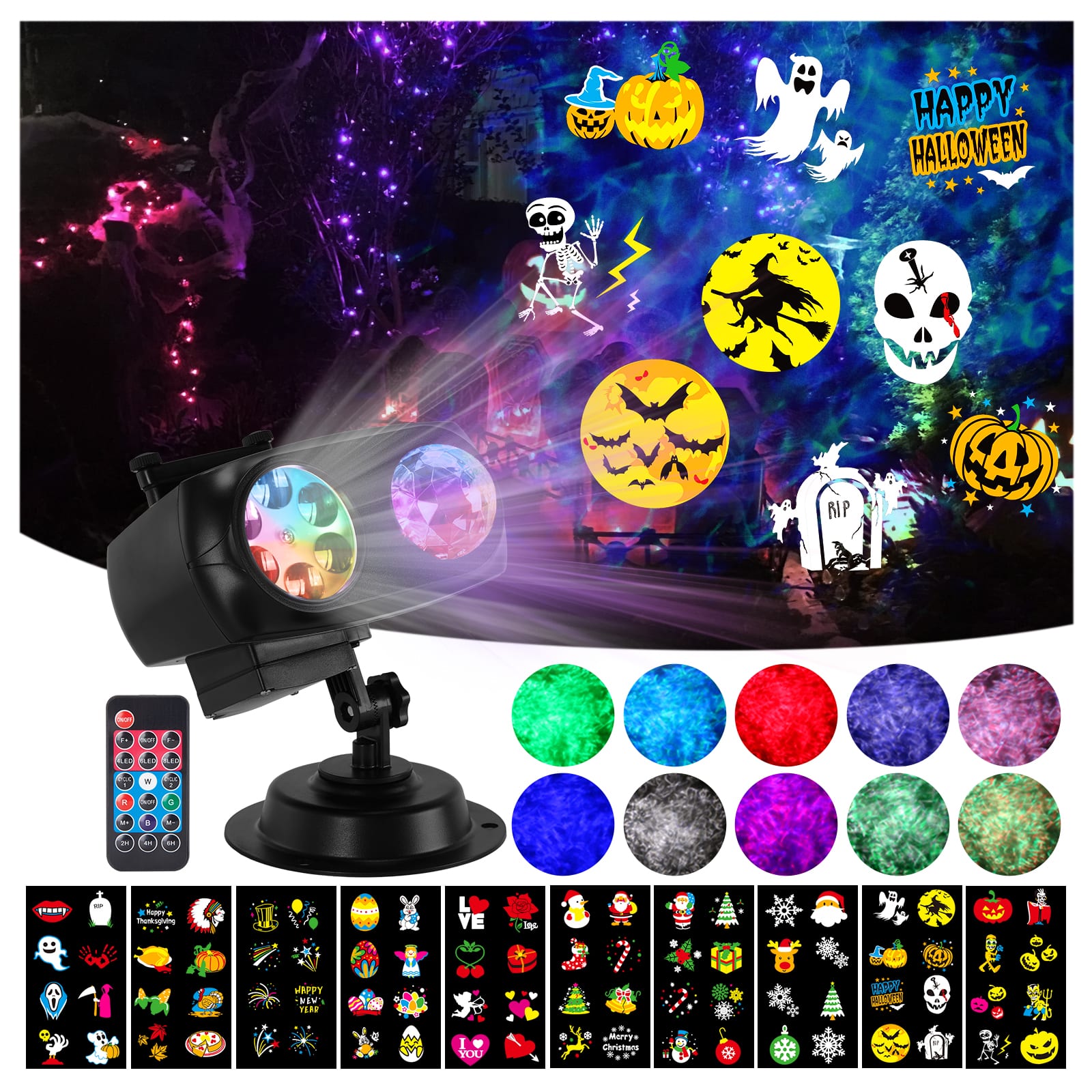 HAKUTA - Halloween Christmas Projector Lights with 10 HD Slides and Remote Control - Black