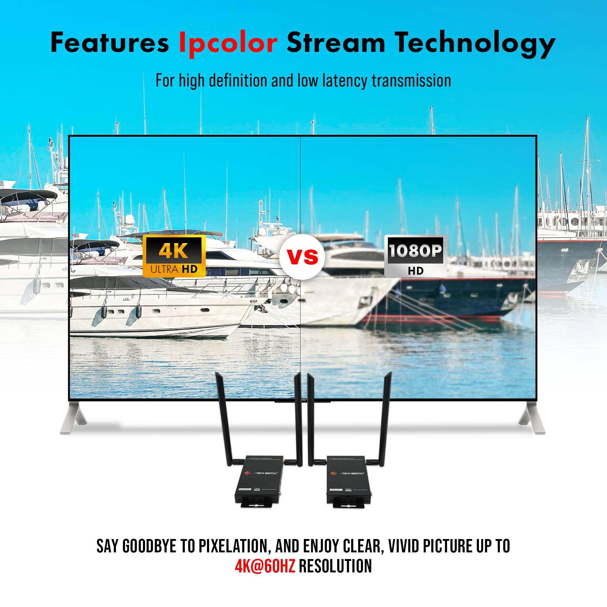 Features Ipcolor Stream Technology  
For high definition and low latency transmission  

4K ULTRA HD VS 1080P HD  

SAY GOODBYE TO PIXELATION, AND ENJOY CLEAR, VIVID PICTURE UP TO 4K@60HZ RESOLUTION