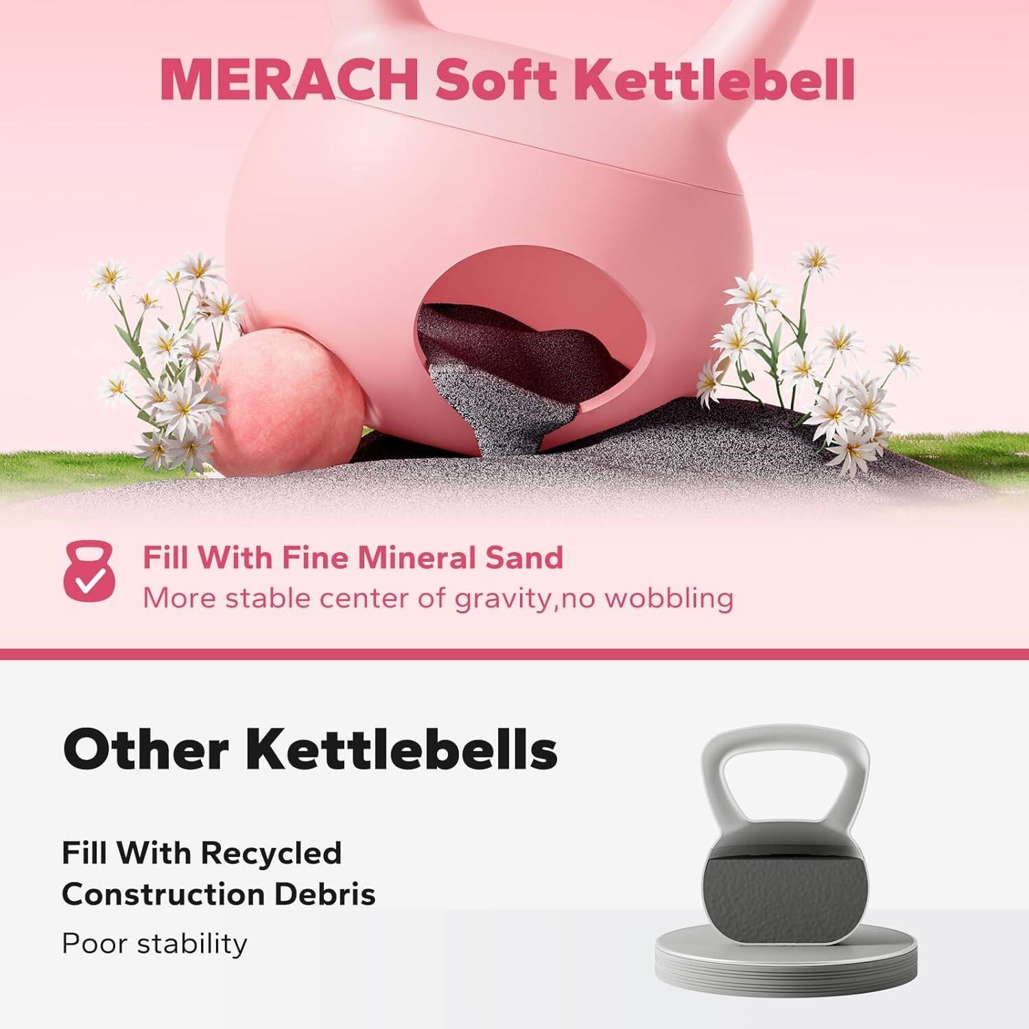 MERACH Soft Kettlebell

Fill With Fine Mineral Sand  
More stable center of gravity, no wobbling

Other Kettlebells

Fill With Recycled Construction Debris  
Poor stability