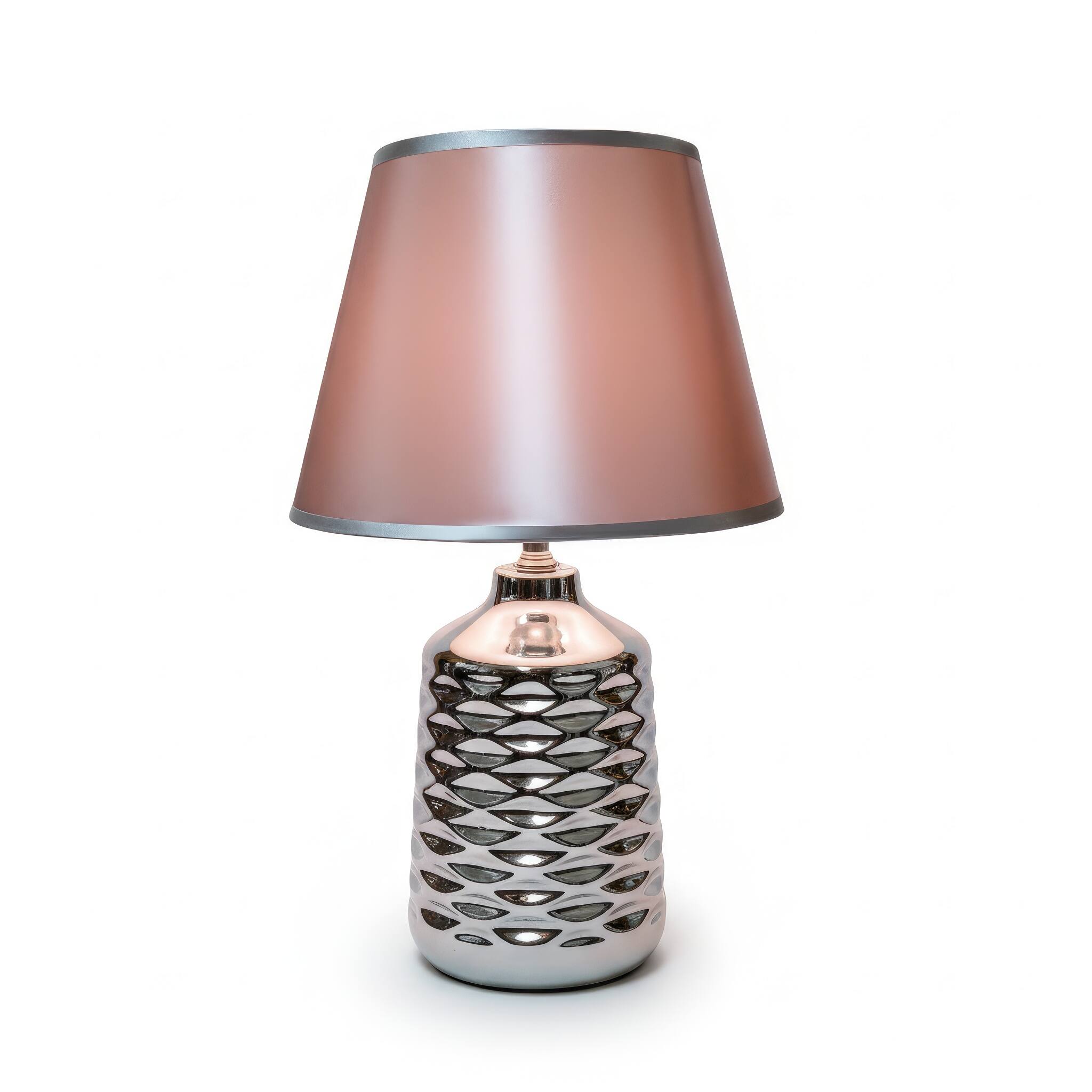 Angle. FC Design - 16"H Soft Pink Gradient Shade w/ Sculpted Silver Metallic Base Table Lamp.