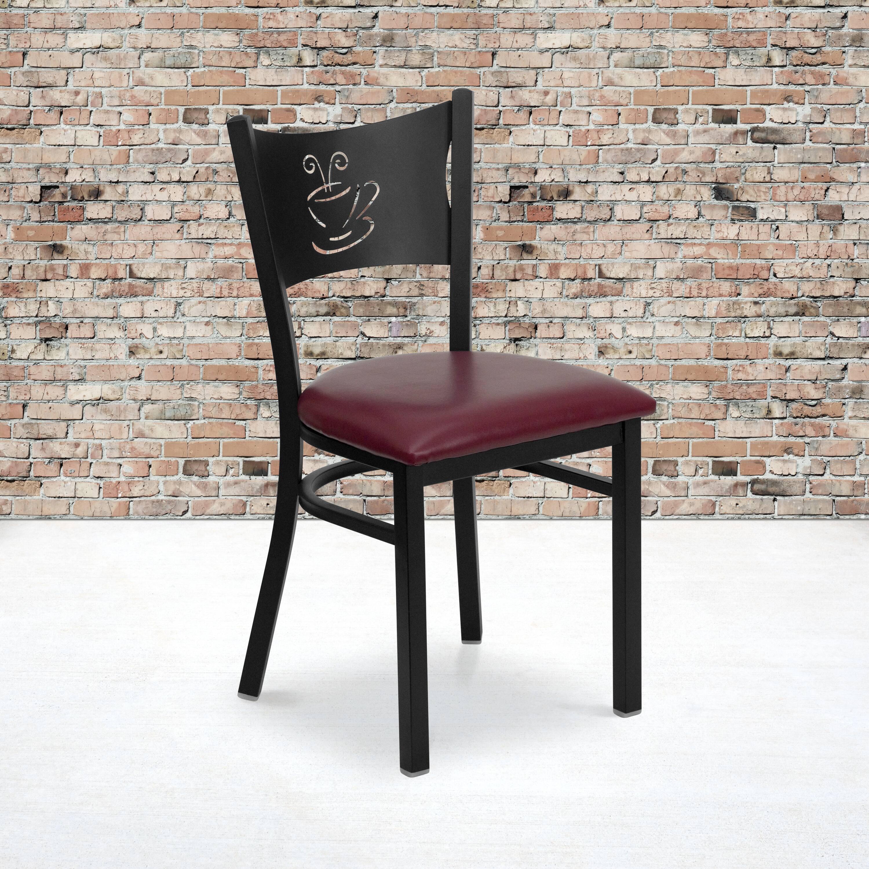 Alt View 1. Emma + Oliver - Coffee Back Metal Restaurant Dining Chair - Burgundy Vinyl Seat/Black Metal Frame.