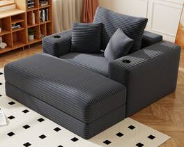 GRANDJOY - 62" 3‑in‑1 Corduroy Chaise Lounge Chair, Convertible Sleeper Sofa Bed & Recliner for Living Room - Gray