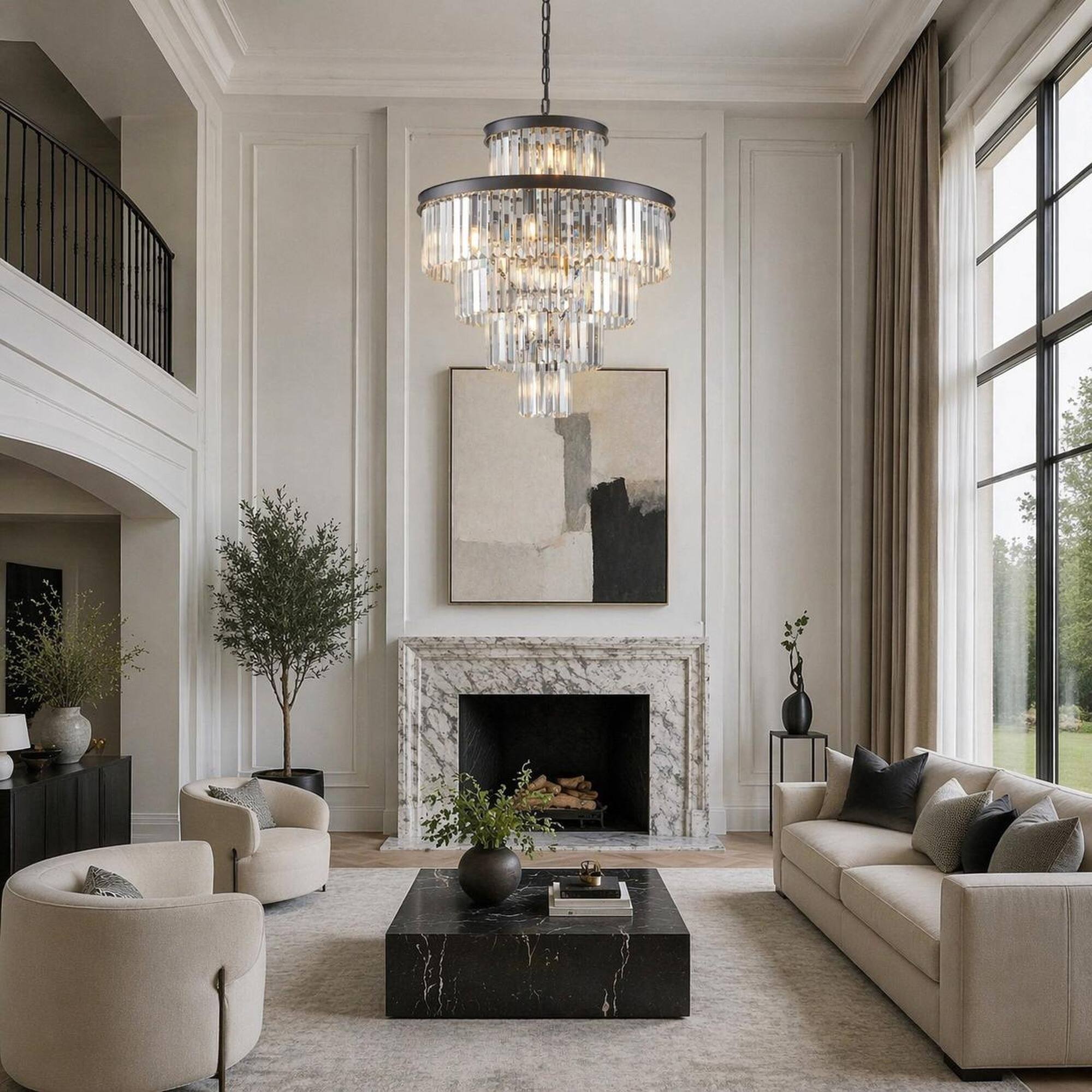 Angle. RYHNUYNE - 24-Inch Black Finish Luxury Crystal Chandelier, 15-Light 5-Tier Pendant, K9 Crystal Prisms for Living Room, Dining Room.