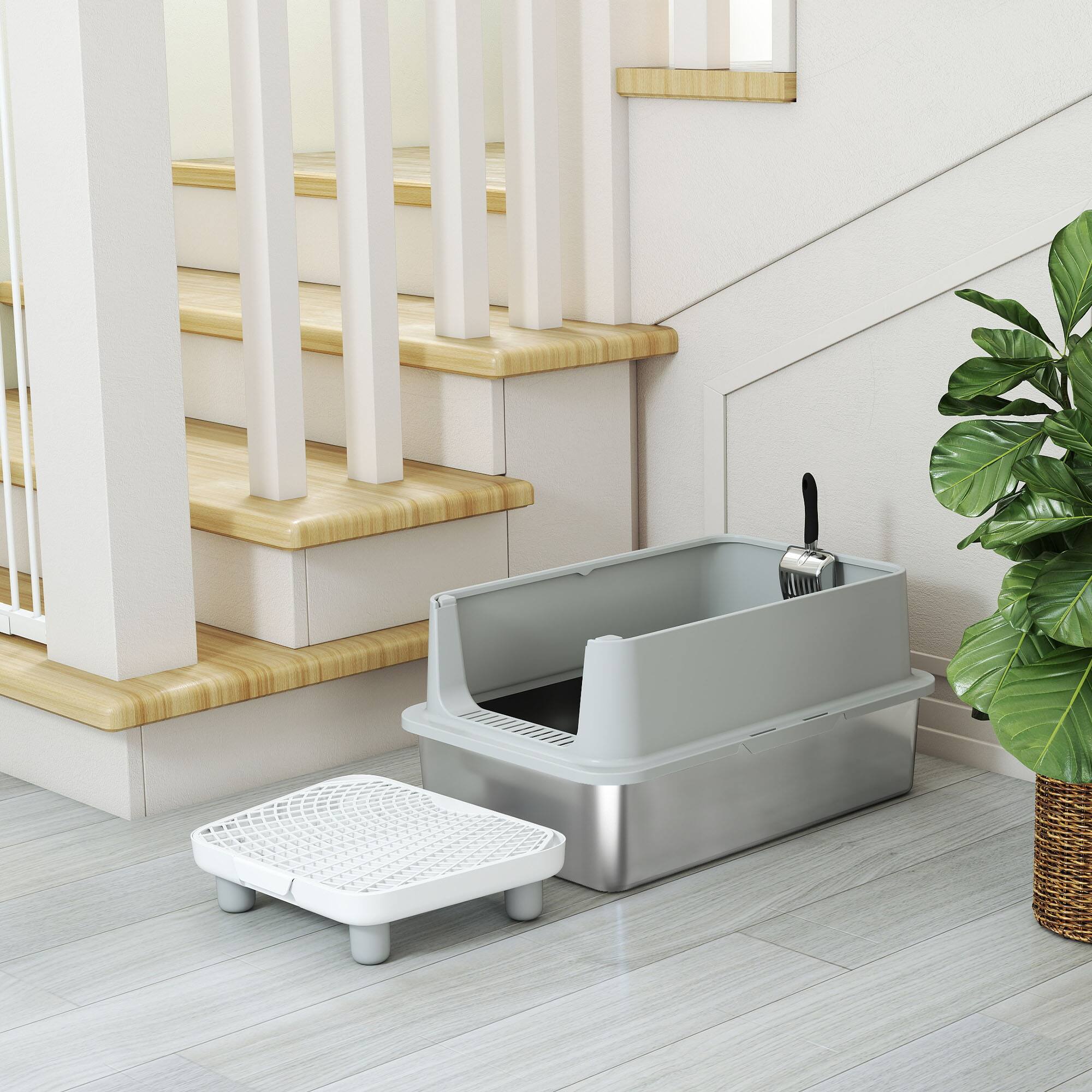 Alt View 5. Pawhut - Stainless Steel Cat Litter Box, XL Metal Litter Box Pan Tray for Big Cats, High Sided, Anti-Urine Leakage, Easy Cleaning - Gray.