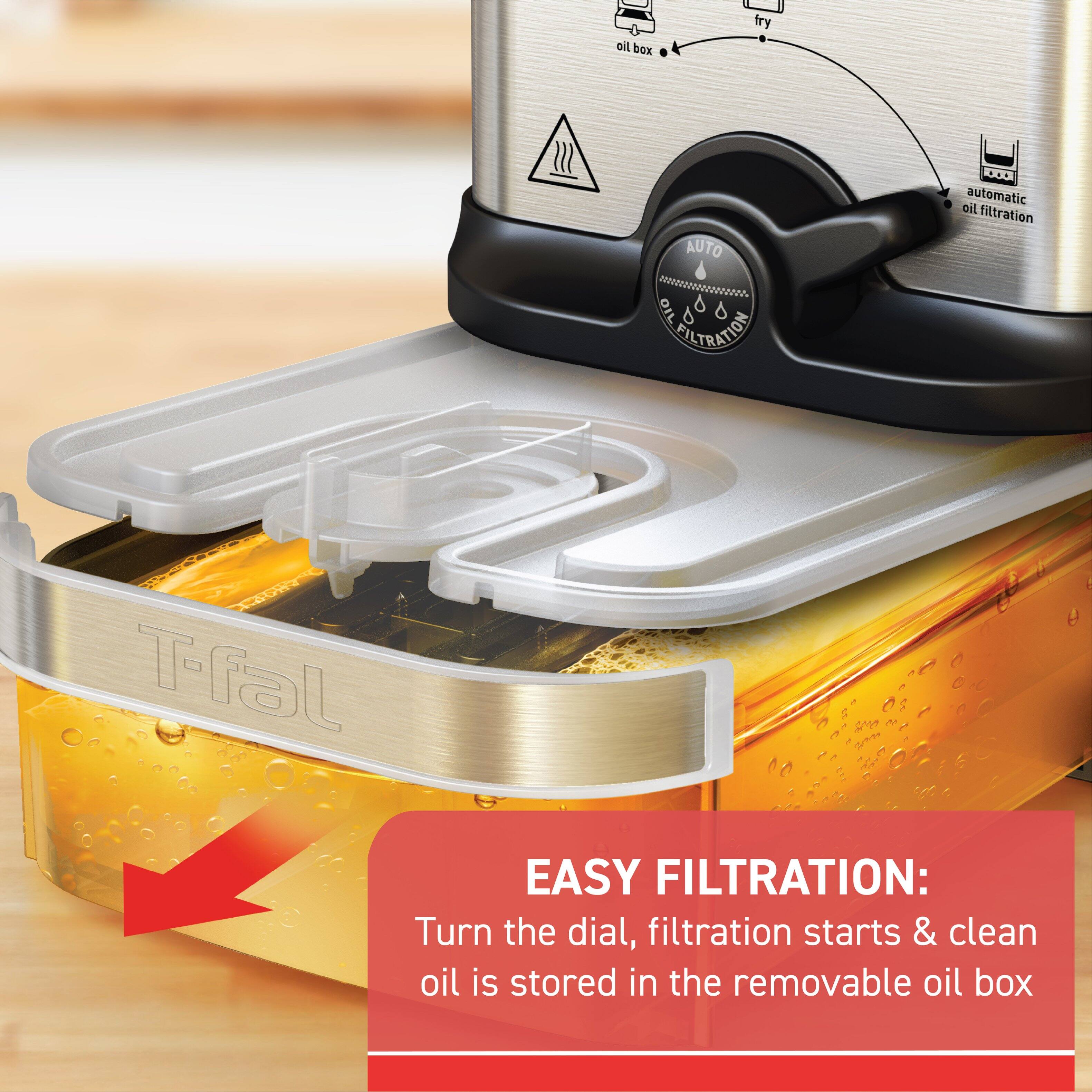 oil box  
fry  
AUTO PUBLISHED  
oil automatic filtration  
Tfal  
EASY FILTRATION: Turn the dial, filtration starts & clean oil is stored in the removable oil box