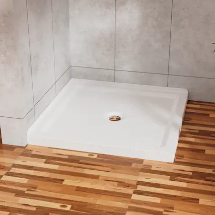 Front. JUJABU - 36"x36" Shower Pan 3.3" Height Double Threshold Shower Base in Slate White, Anti-slip Acrylic, Center Drain - White.