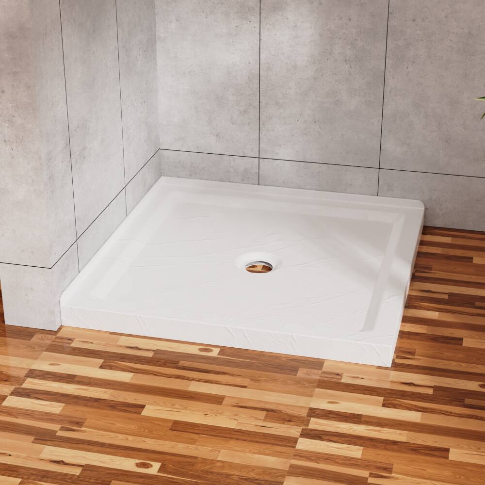 Front. JUJABU - 36"x36" Shower Pan 3.3" Height Double Threshold Shower Base in Slate White, Anti-slip Acrylic, Center Drain - White.
