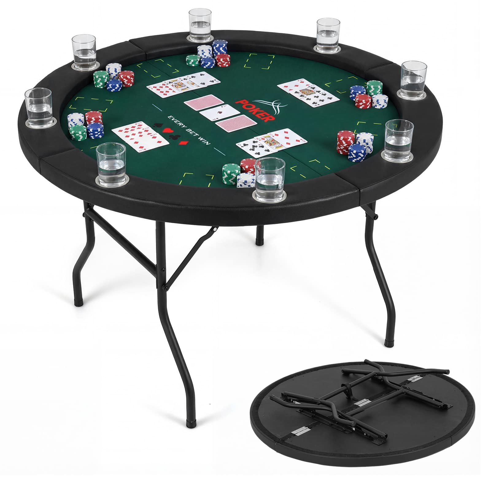 Gymax - 48'' Poker Table Foldable w/Metal Legs 8 Cup Holders Padded Edges for Blackjack Green - Green & Black