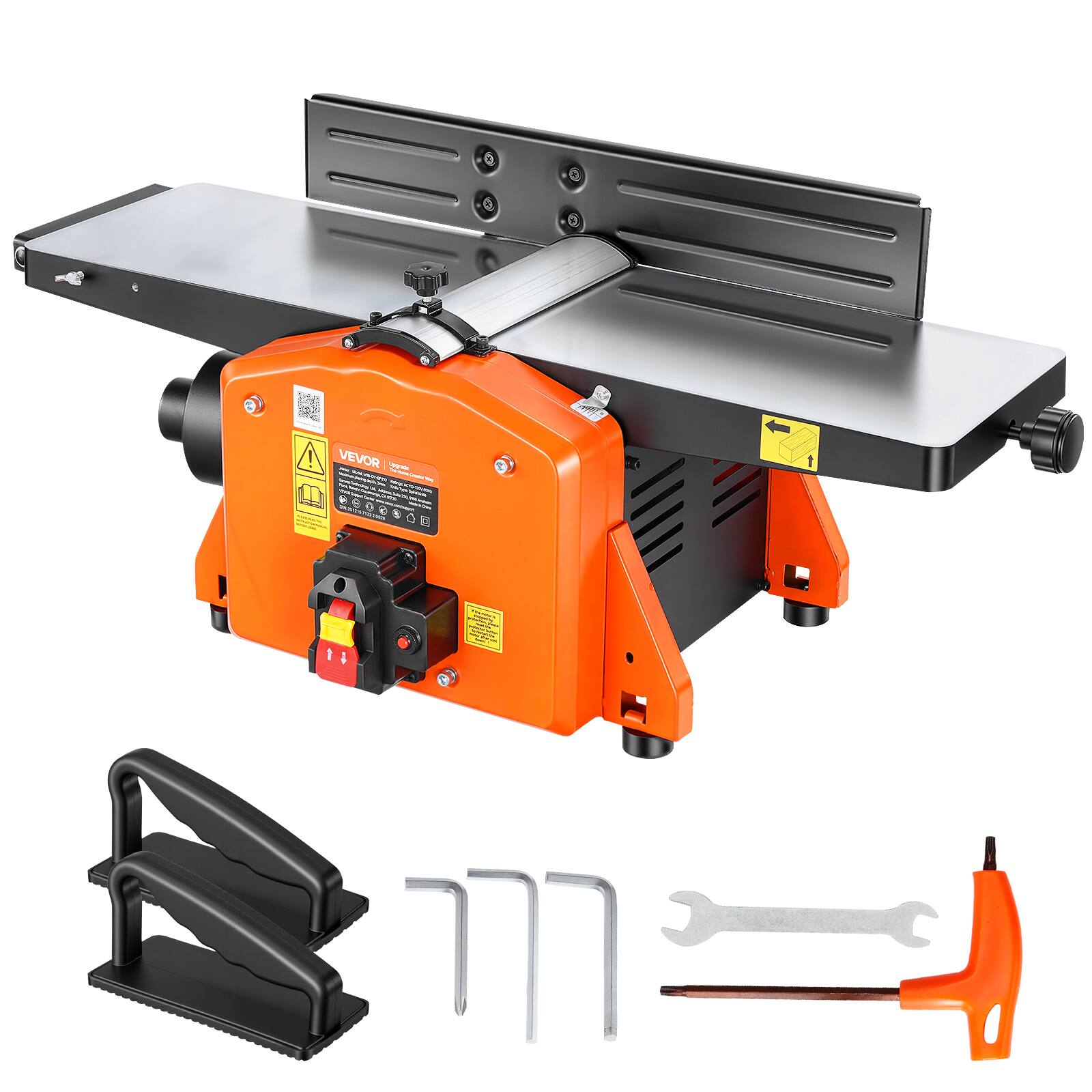 Front. VEVOR - Spiral Benchtop Jointer, 8 Inch, 2 HP 8500 RPM Bench Top Wood Jointer, with 18-Blade Spiral Cutterhead, Extendable Cast - Orange;Black.