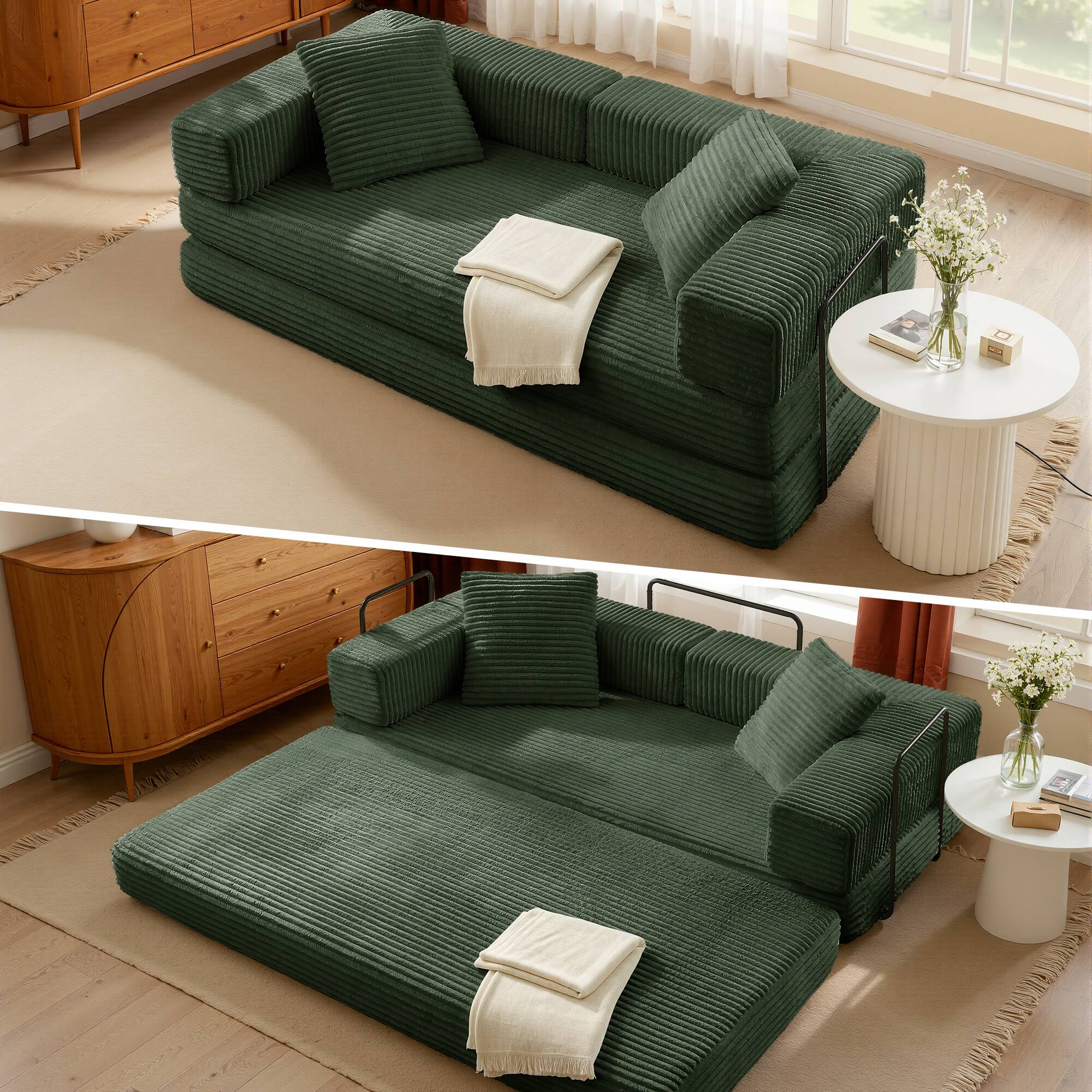 Back. Meqiodas - 81''Convertible Sofa Bed, Folding Floor Couch with Square Armrest, Comfy Sleeper Mattress for Living Room - Green.