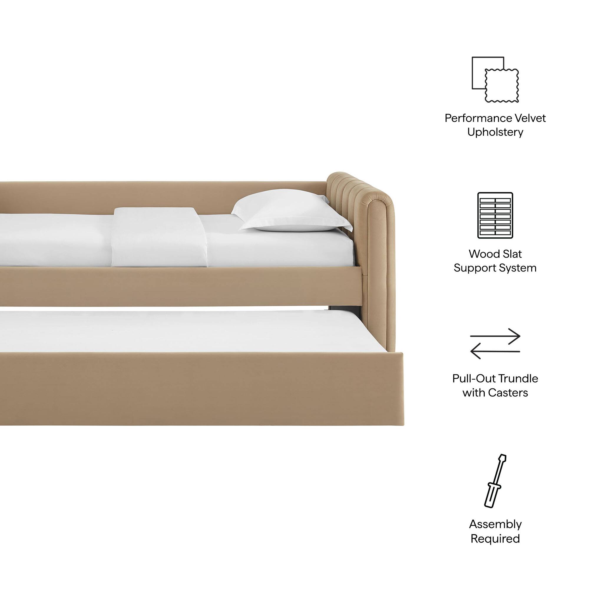 Performance Velvet Upholstery  
Wood Slat Support System  
Pull-Out Trundle with Casters  
Assembly Required