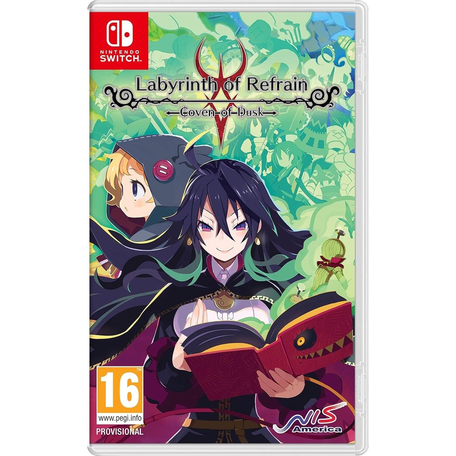 Sure, here is the corrected and grouped text from the image:

---

**Nintendo Switch**

**Labyrinth of Refrain**  
**Coven of Dusk**

**16**  
www.pegi.info  
PROVISIONAL

**NIS America**

---