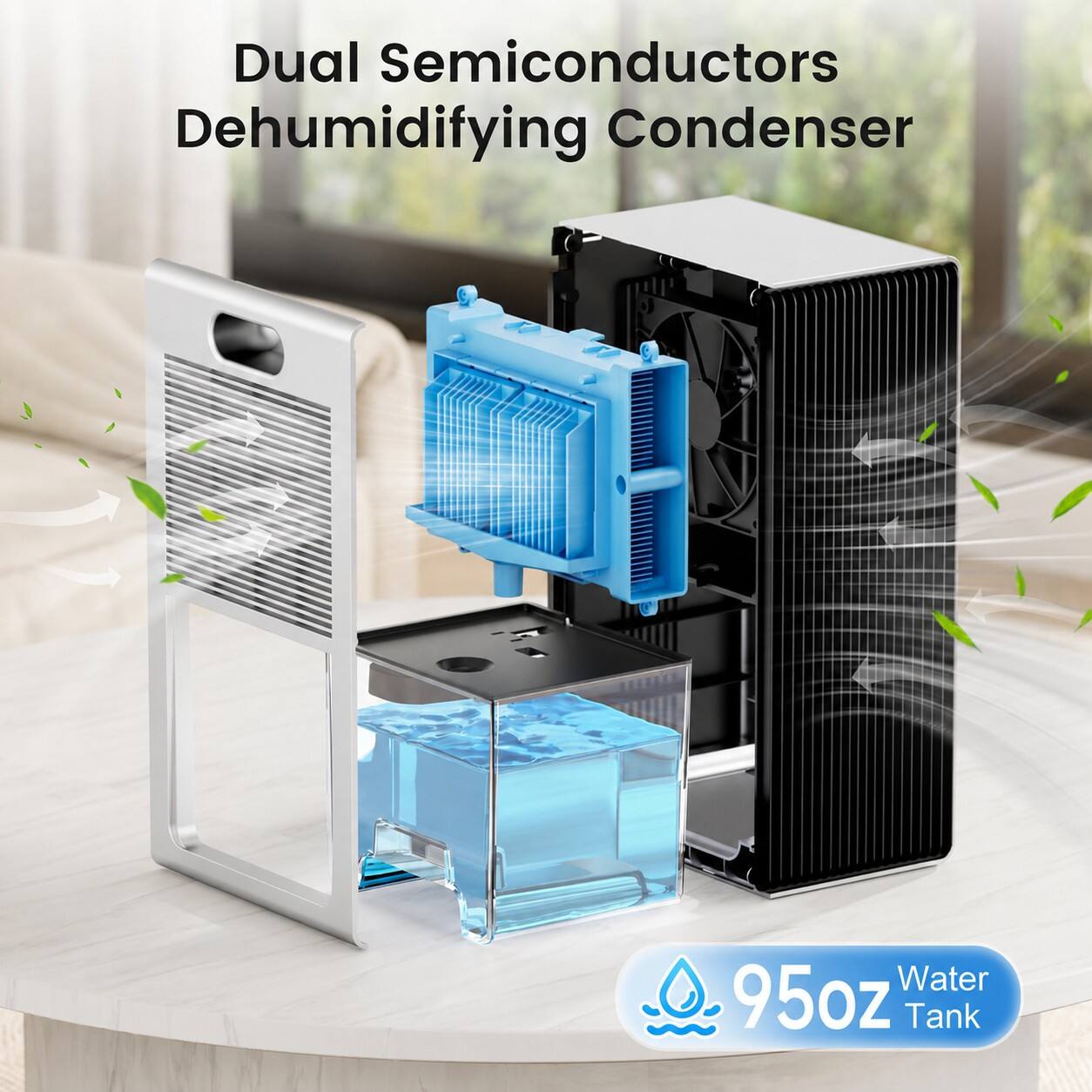 Dual Semiconductors Dehumidifying Condenser  
Water 95oz Tank