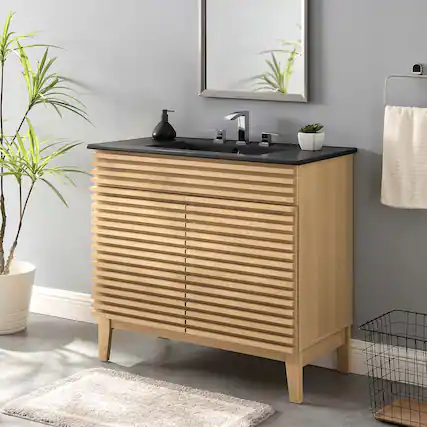 Front. Modway - Render Bathroom Vanity with Black Basin Included - Oak Black.