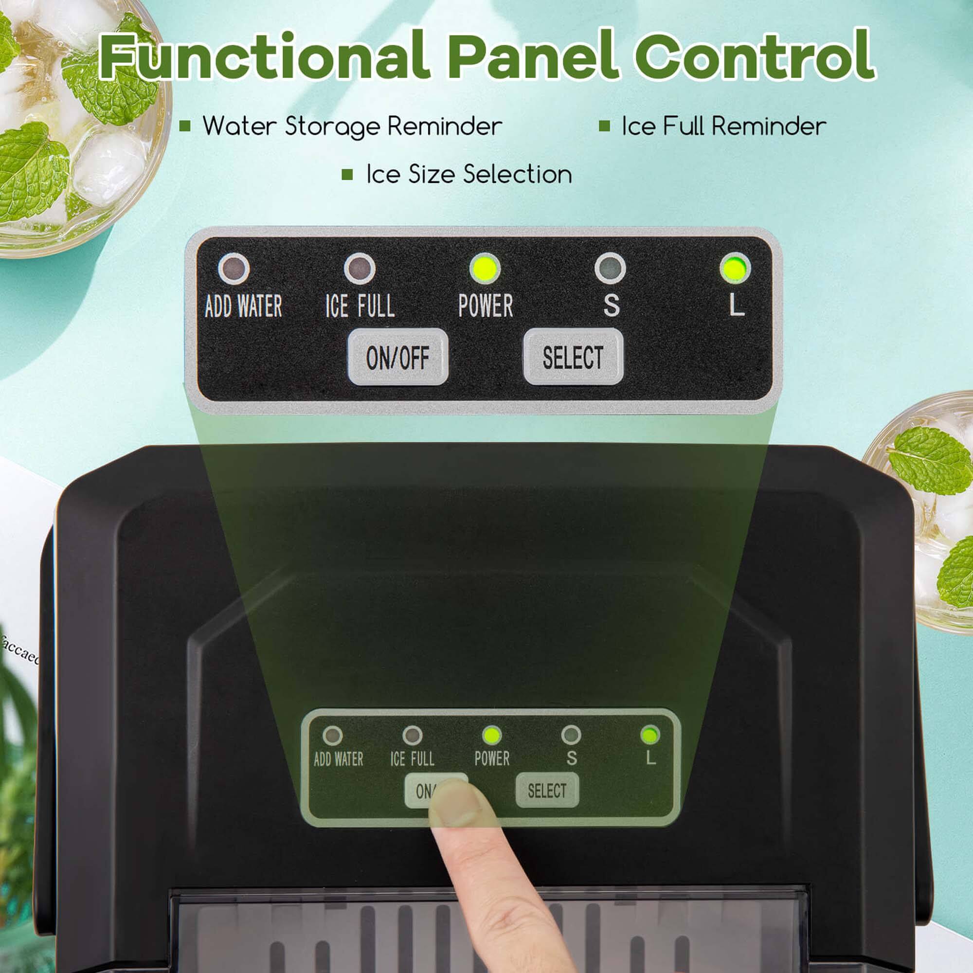 Functional Panel Control: Water Storage Reminder, Ice Full Reminder, Ice Size Selection, Add Water, Ice Full, Power, S, L, ON/OFF, Select.