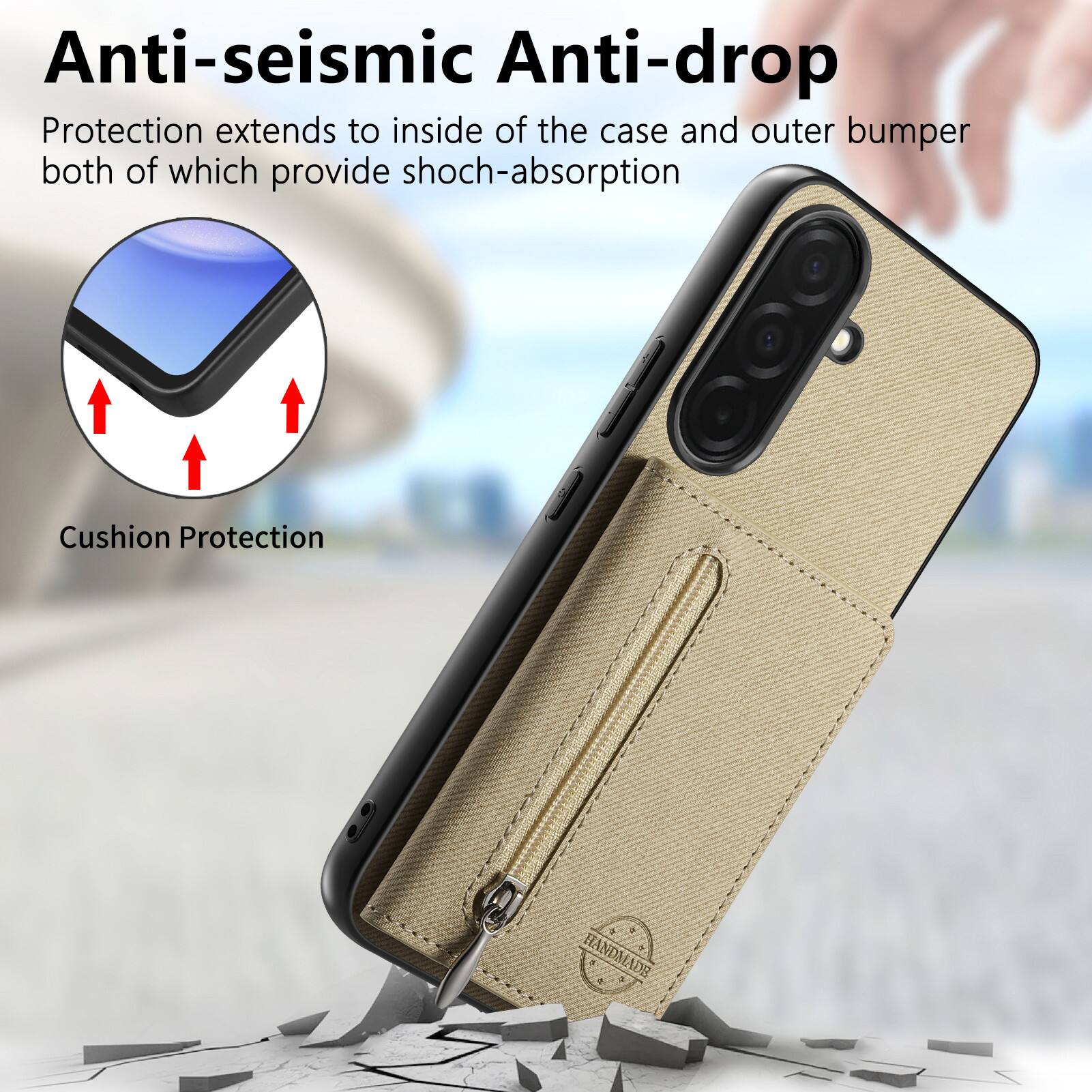 Anti-seismic Anti-drop Protection extends to inside of the case and outer bumper both of which provide shock-absorption Cushion Protection HANDMADE