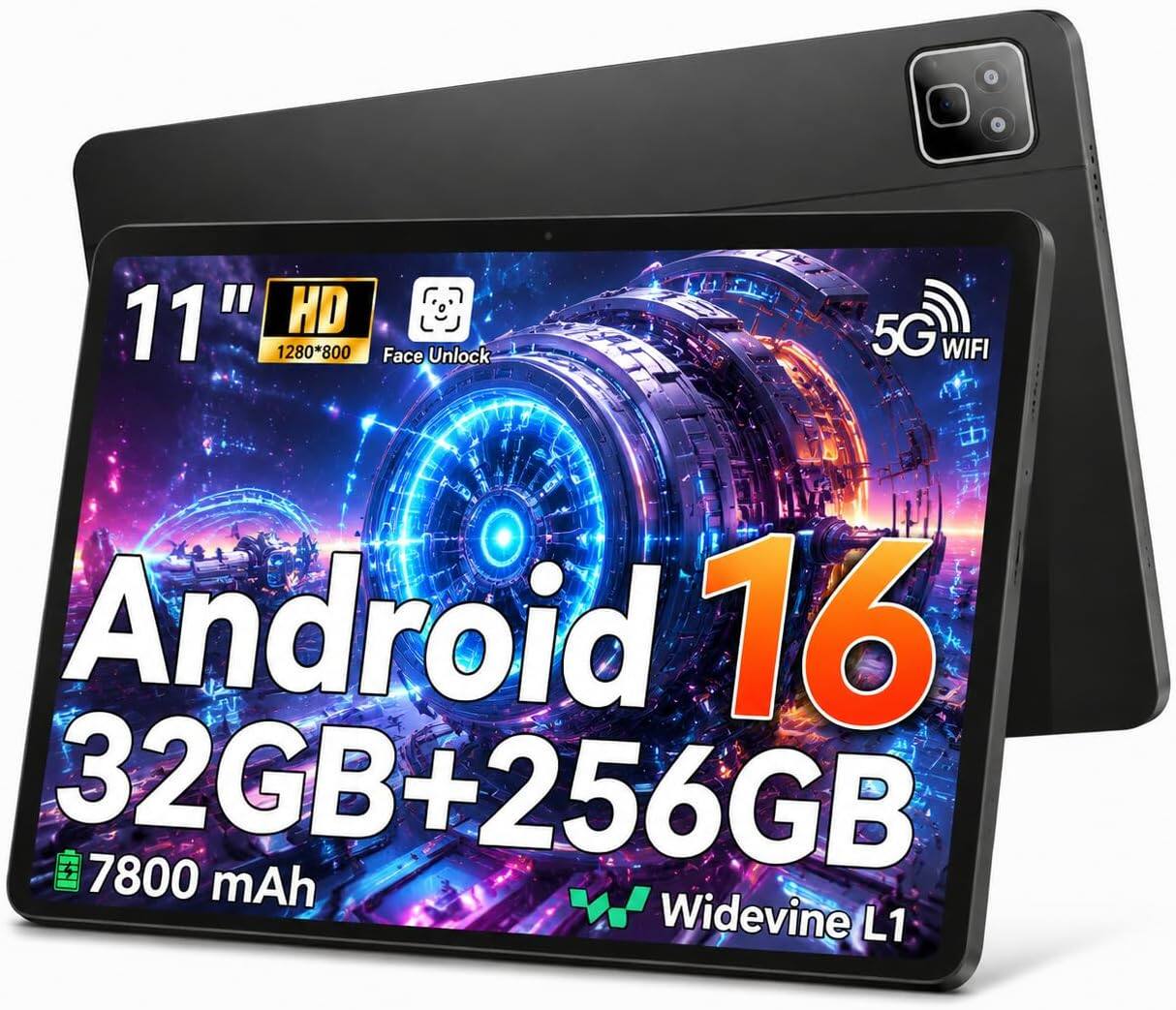 11" HD 1280*800 Face Unlock  
5G WIFI  
Android 16 32GB+256GB 7800 mAh Widevine L1