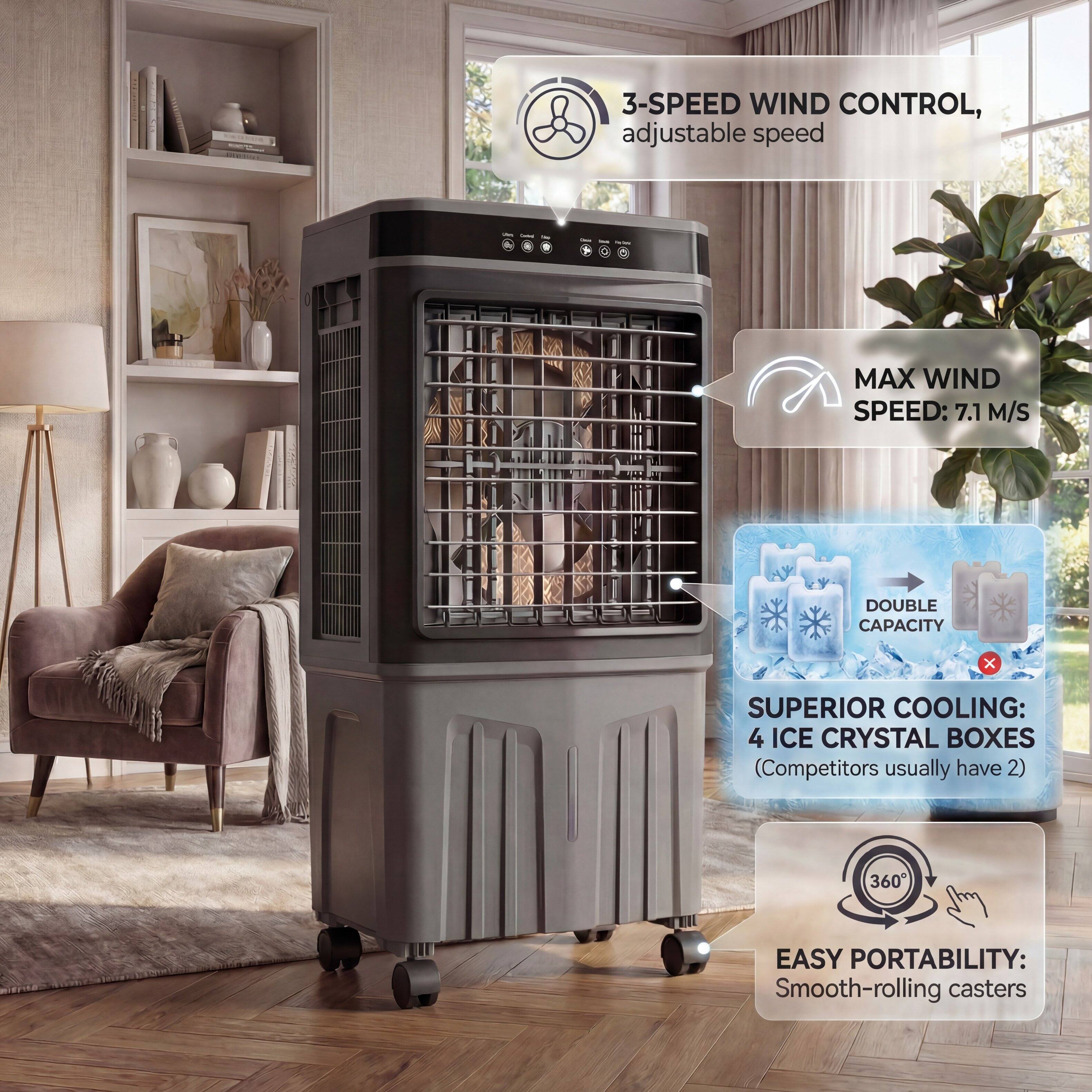3-SPEED WIND CONTROL, adjustable speed  
MAX WIND SPEED: 7.1 M/S  
DOUBLE CAPACITY x SUPERIOR COOLING: 4 ICE CRYSTAL BOXES (Competitors usually have 2)  
360° EASY PORTABILITY: Smooth-rolling casters