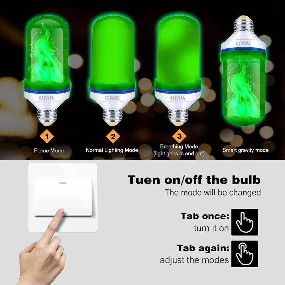 Sure, here is the corrected and grouped text:

---

**OMK**

1. Flame Mode
2. Normal Lighting Mode
3. Breathing Mode (light goes in and out)
4. Smart gravity mode

**Tuen on/off the bulb**

The mode will be changed

- Tab once: turn it on
- Tab again: adjust the modes

---