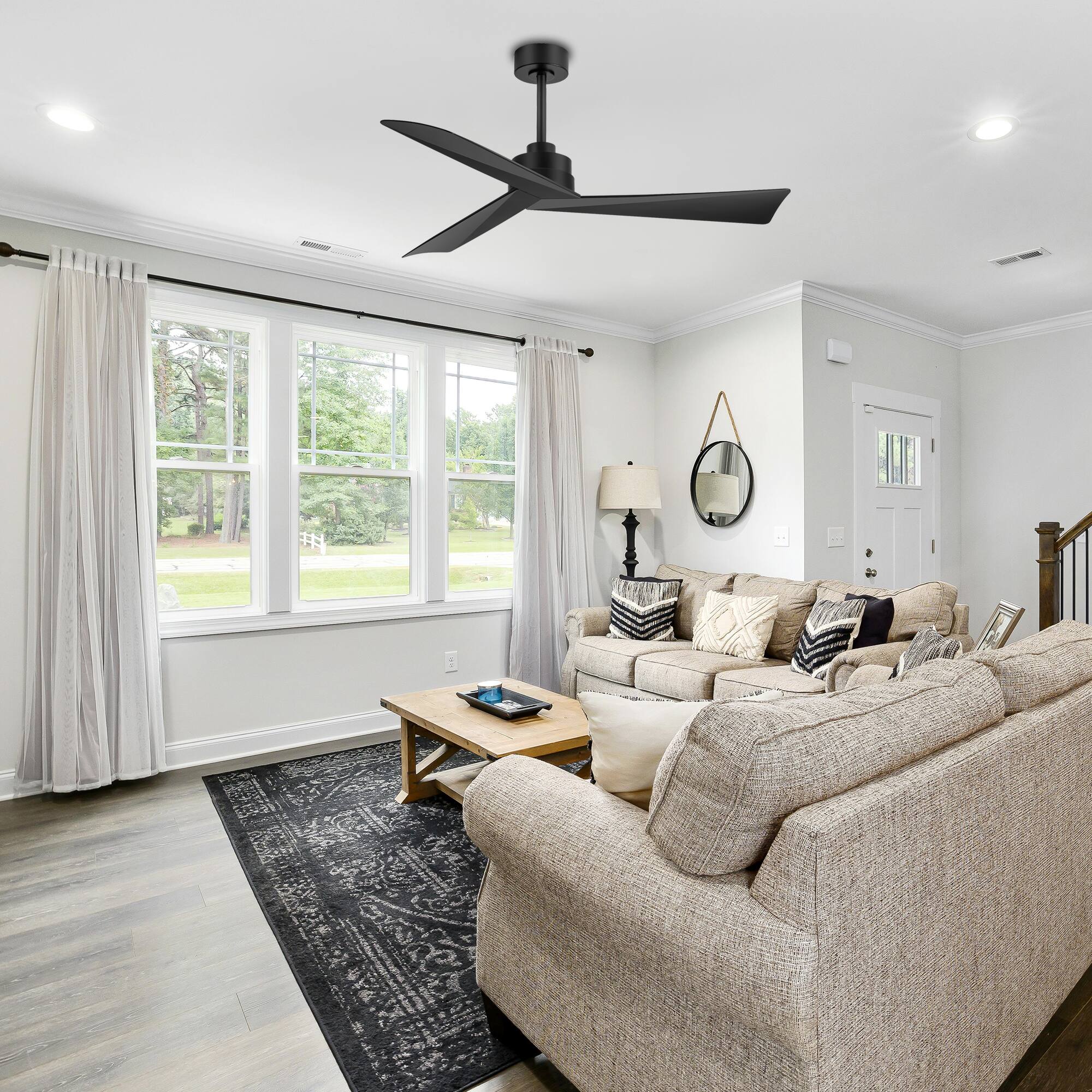 Alt View 1. Breezary - 52-Inch Lightless Ceiling Fan with 3-Blade, 5"/10" Downrods, 6-Speed DC Motor, Remote Control & Memory Function - Matte Black.