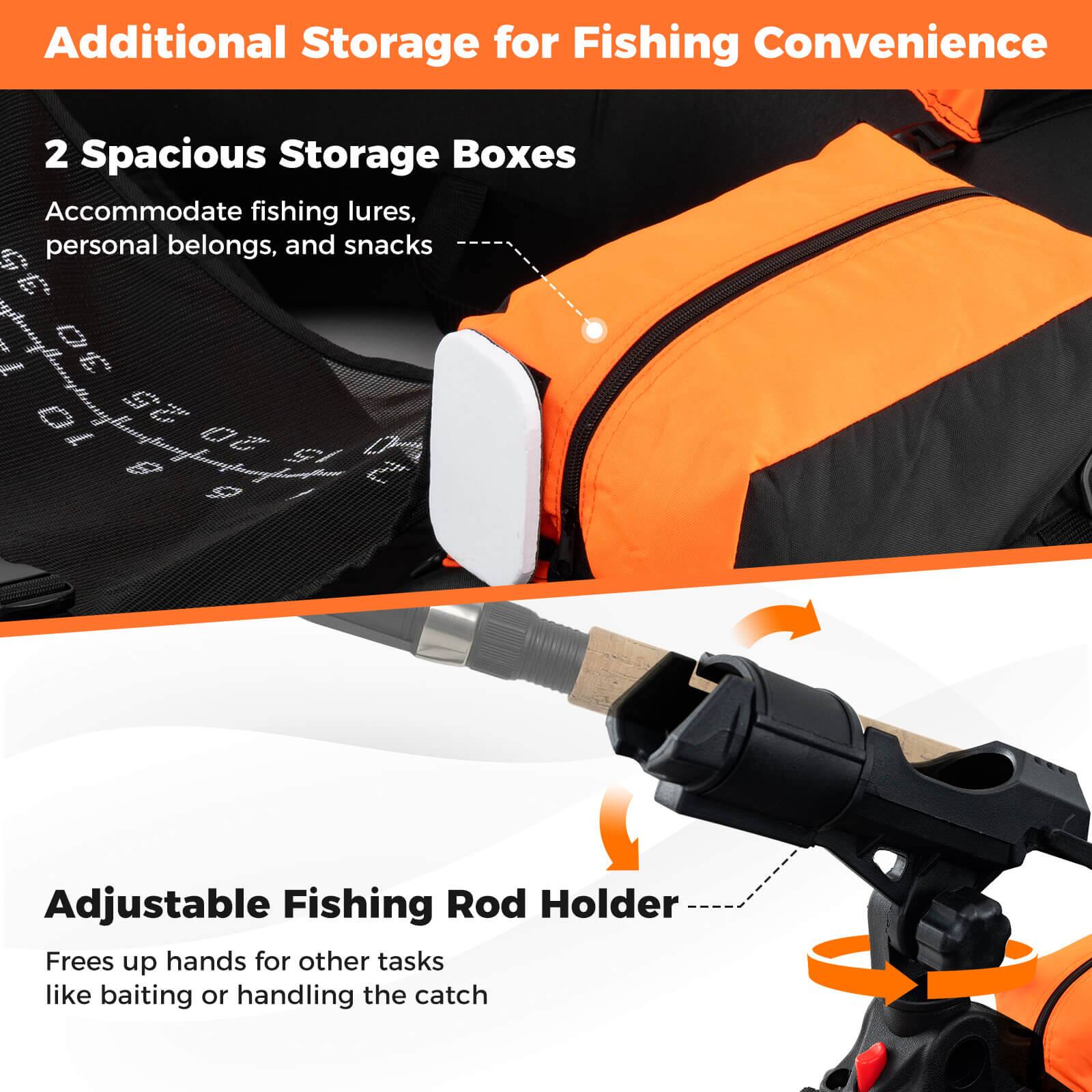 Additional Storage for Fishing Convenience

2 Spacious Storage Boxes  
Accommodate fishing lures, personal belongings, and snacks

Adjustable Fishing Rod Holder  
Frees up hands for other tasks like baiting or handling the catch