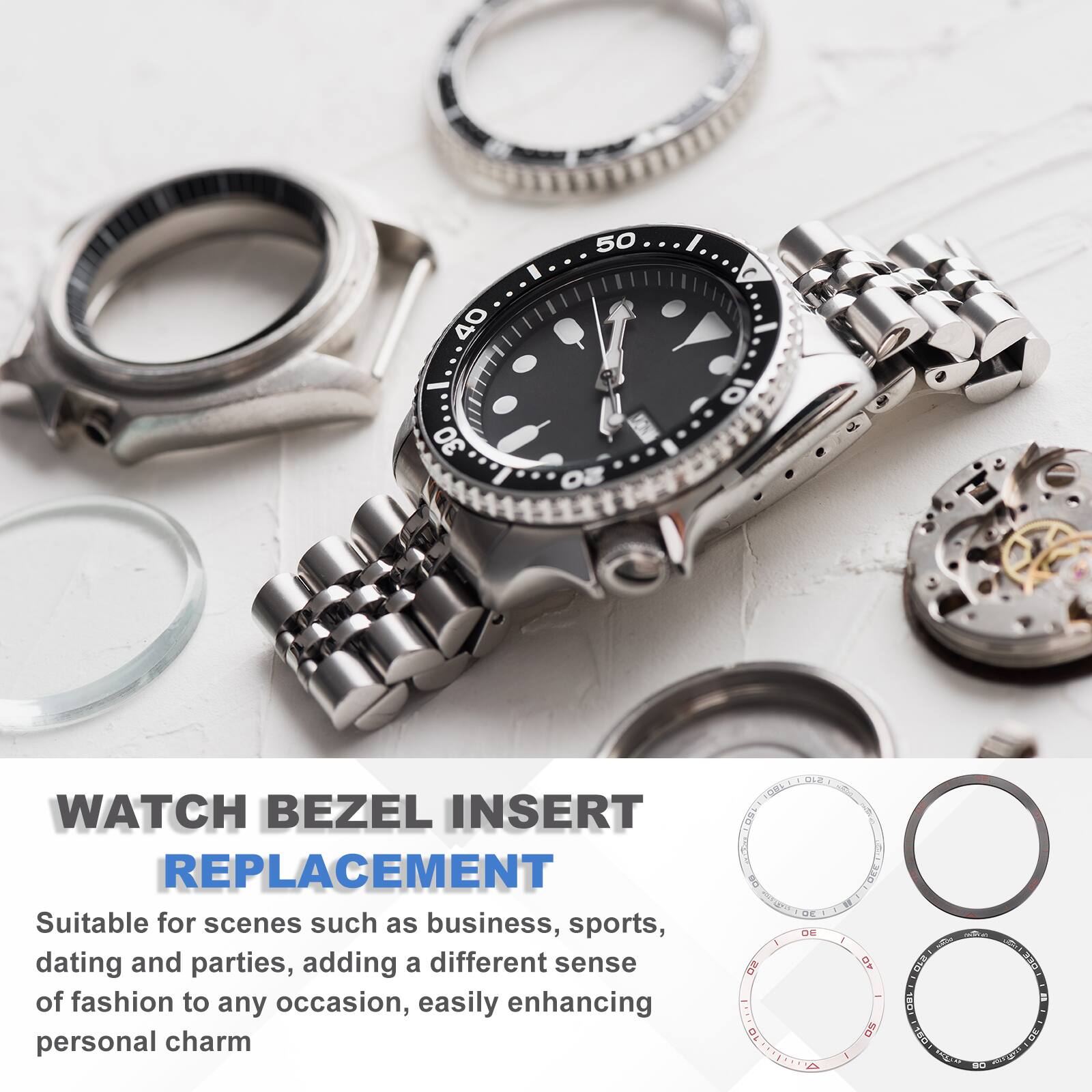 50 40 - 10 4 30 wNOTE so CLe - WATCH BEZEL INSERT BOL REPLACEMENT S E

Suitable for scenes such as business, sports, dating and parties, adding a different sense of fashion to any occasion, easily enhancing personal charm
